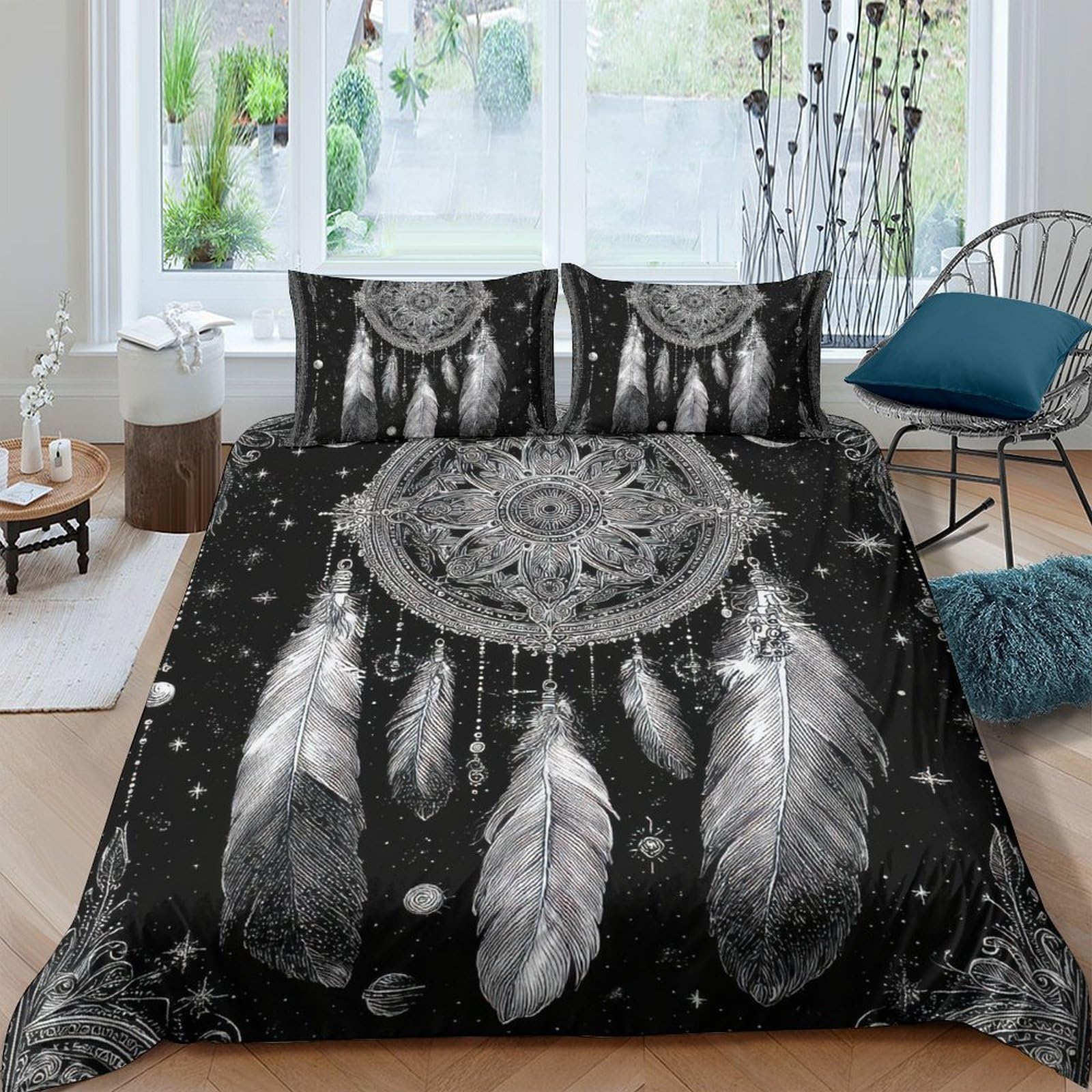 Ctjqhvkz Style-9 3D Printed Dreamcatcher Fitted Sheet Microfiber Black Boho Feather Bed Cover Machine Washable For Bedroom Dorm Decor Single（135X200cm）