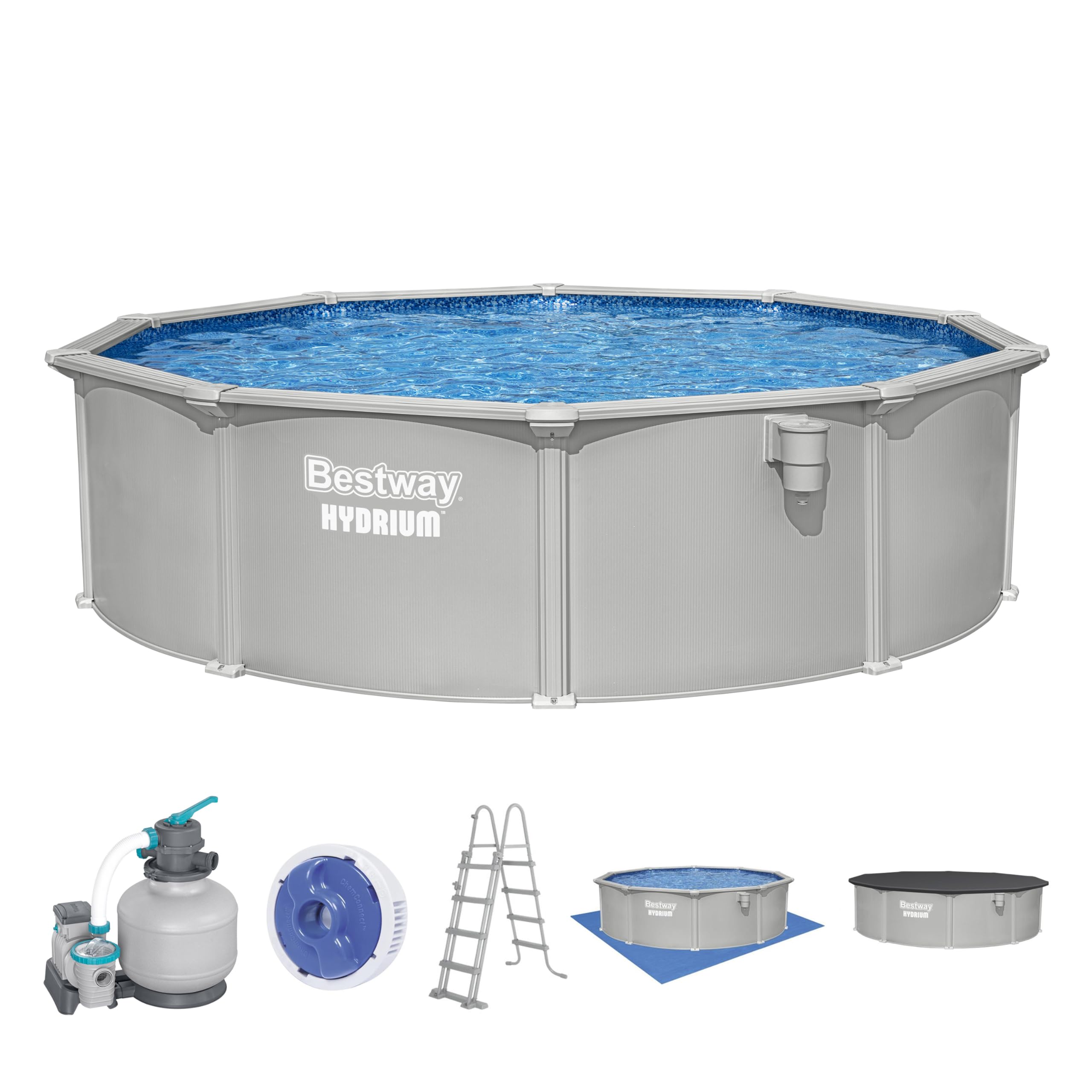 Bestway Hydrium Stahlwandpool Komplett-Set rund 457 x 122 cm Granitgrau Gartenpool Aufstellpool mit Sandfilteranlage