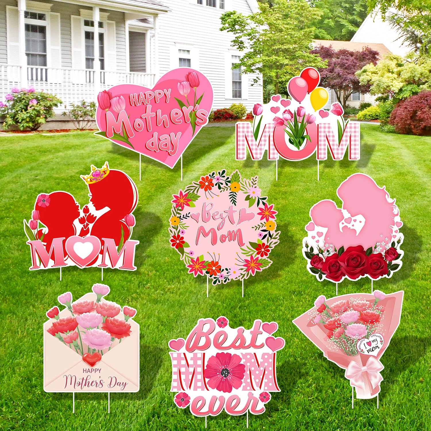 Mothers Day Yard Signs 8pcs with Stakes Happy Mothers Day Yard Decorations Outdoor Party Supplies Holiday Welcome Signs for Mothers Day Themed Festival Party Supplies, Lawn, Garden