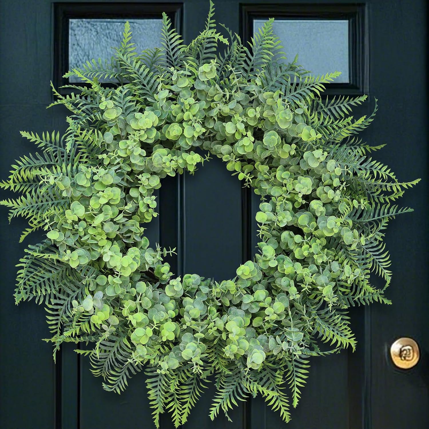 26'' Eucalyptus and Boston Ferns Wreath for Front Door - Large Artificial Greenery Outdoor Wreath for Porch,Window,Farmhouse,Home,Hanging Decor- Spring, Summer, All Seasons (Gray-Green)