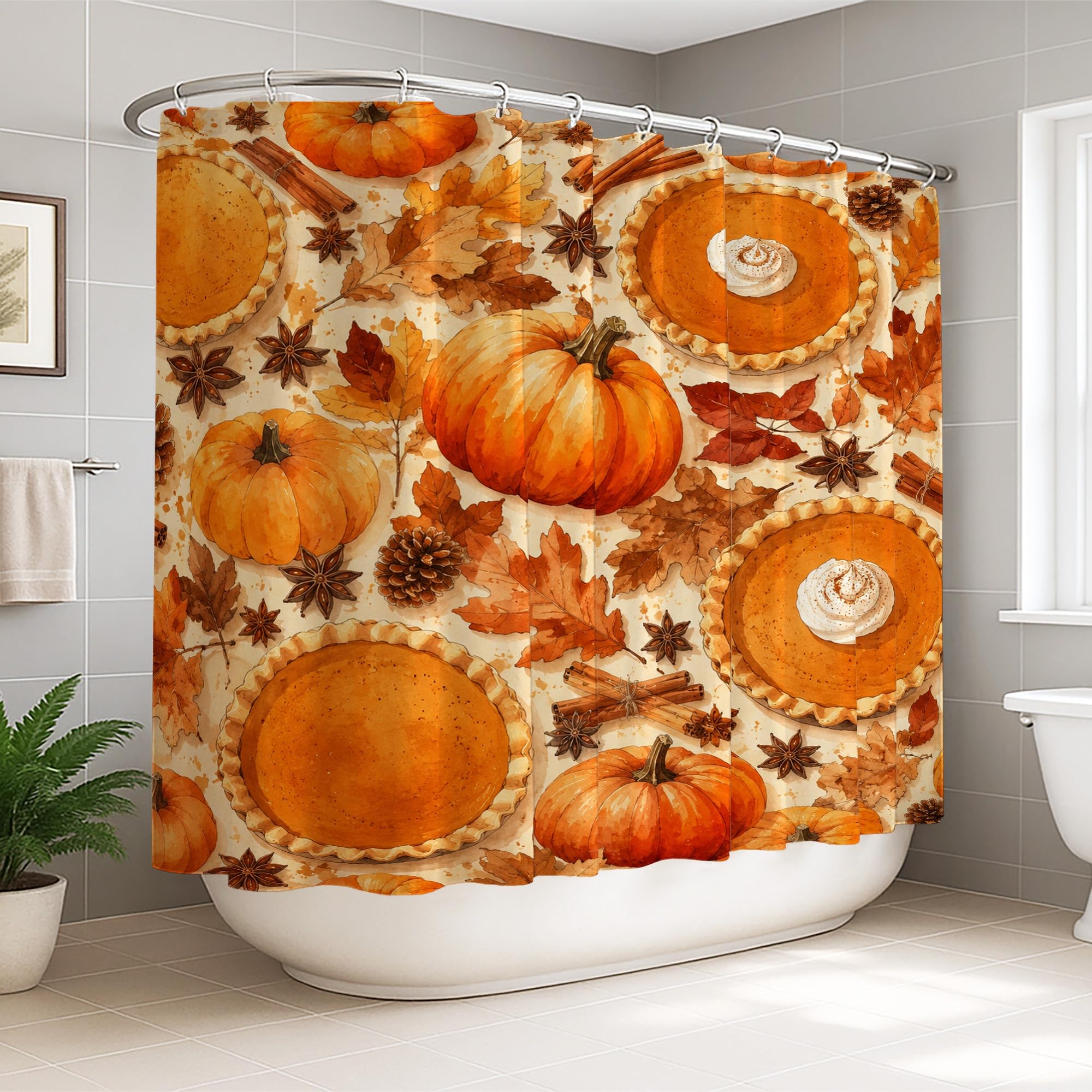 Rideau de douche lavable motif citrouilles et feuilles orange automne