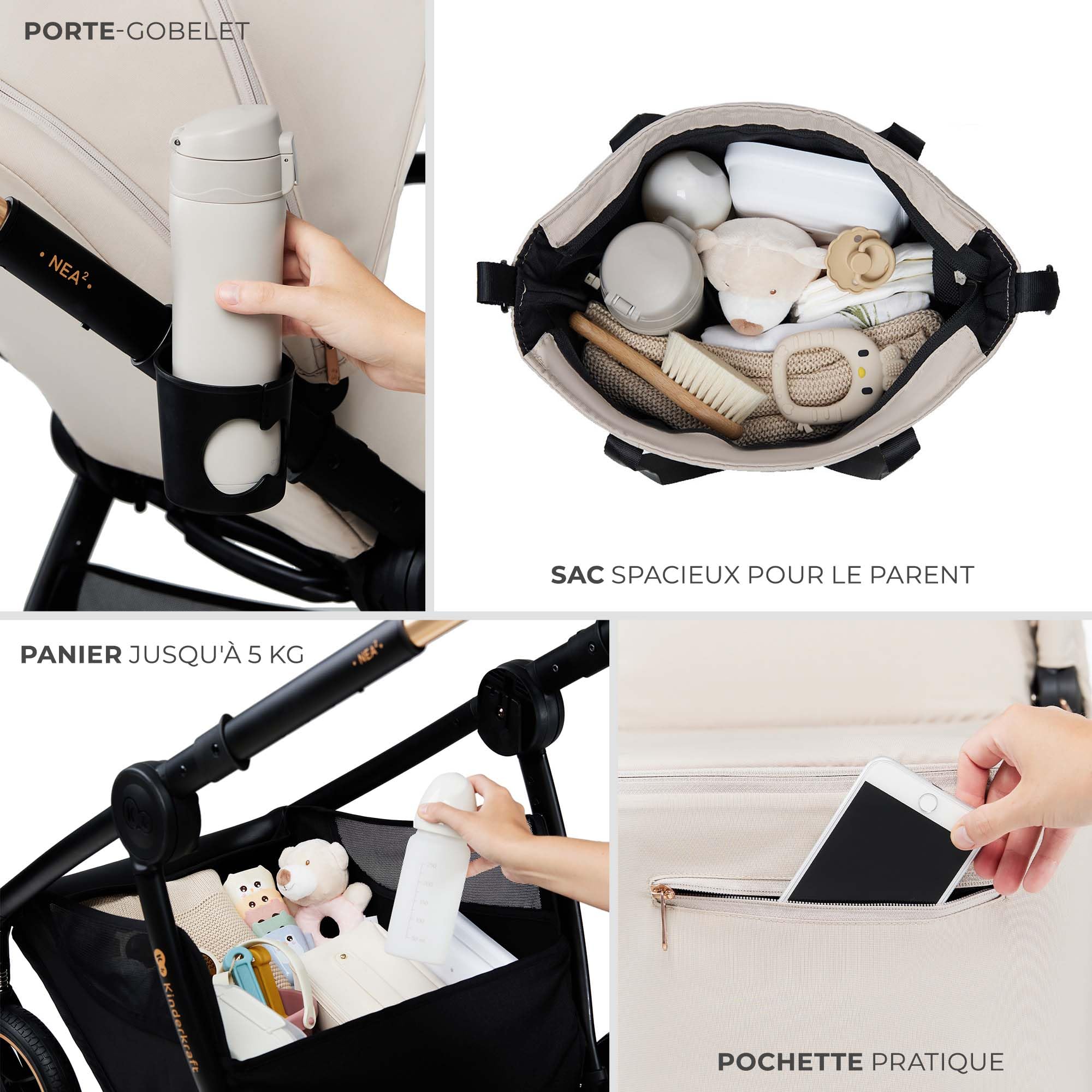Kinderkraft NEA 2, Poussette de la naissance à 22 kg, Pliage d'une seule main, Position allongée, Grande capote, 4 roues amortissantes, Filtre UPF 50+, Panier jusqu'à 5 kg, Beige
