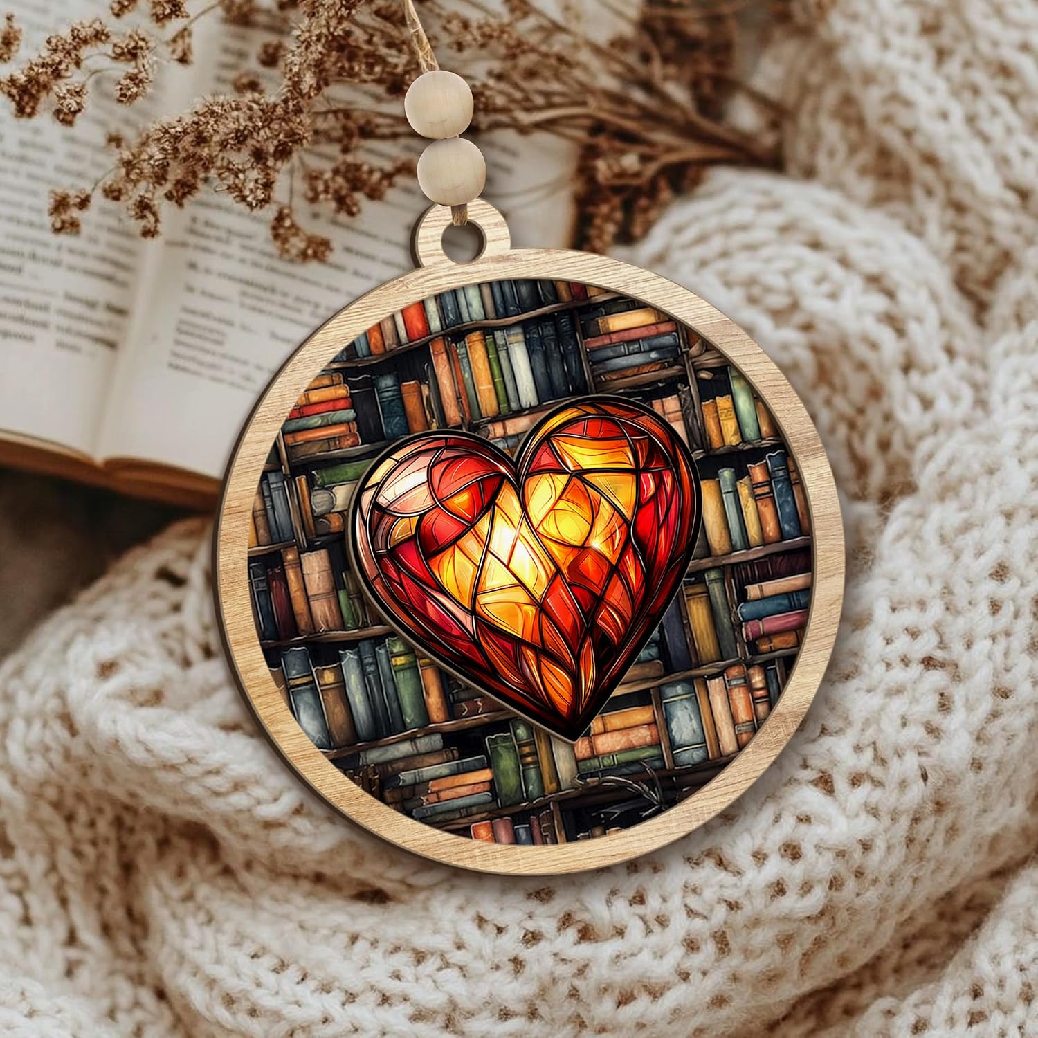 Condition photo showing New/Like New for bookshelf ornament 2025 – wooden round christmas ornament for book lovers, teachers, and librarians – rustic literary holiday decoration