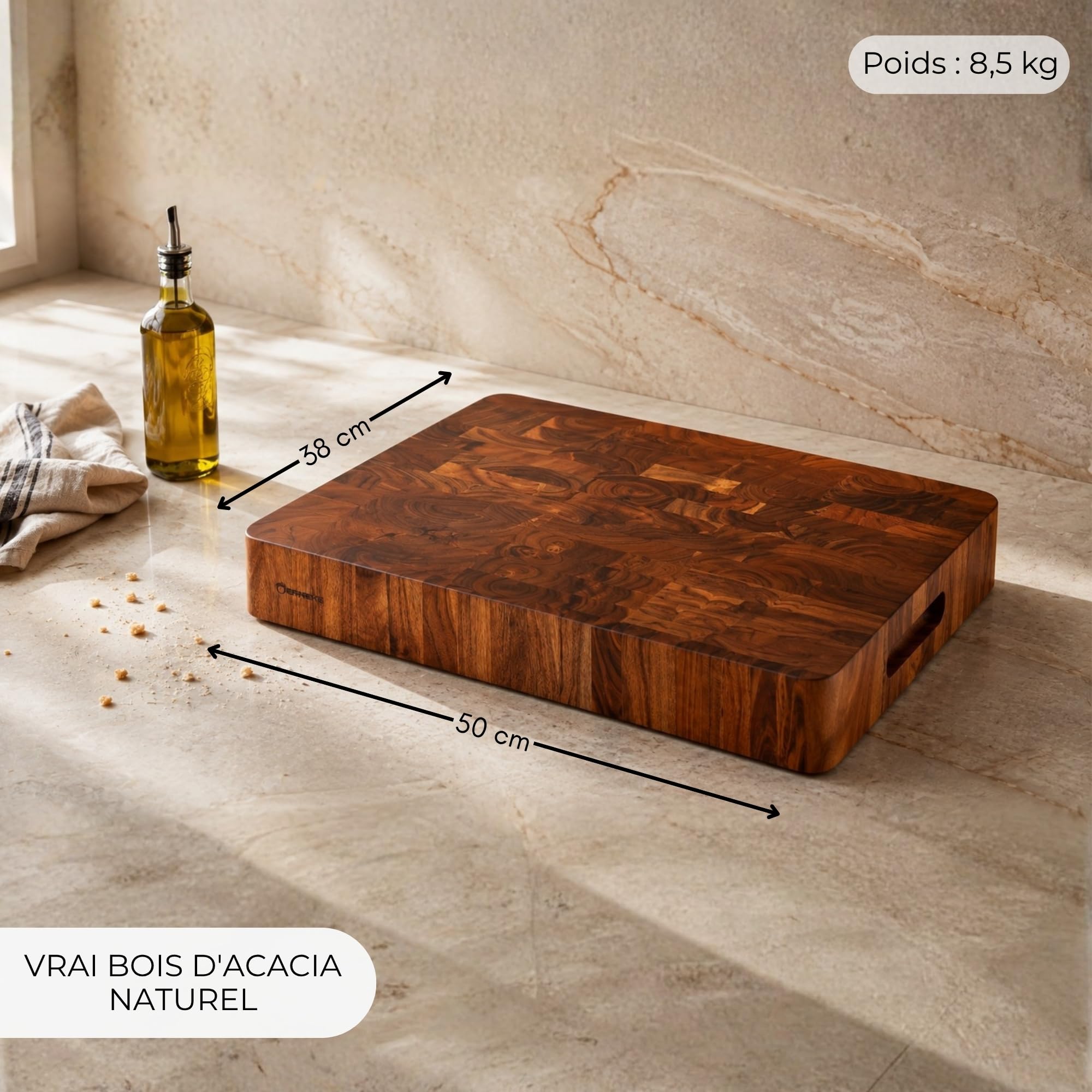 Erreke Planche en Bois d'Acacia Naturel End Grain, 50x38x6,5 cm, Résistant