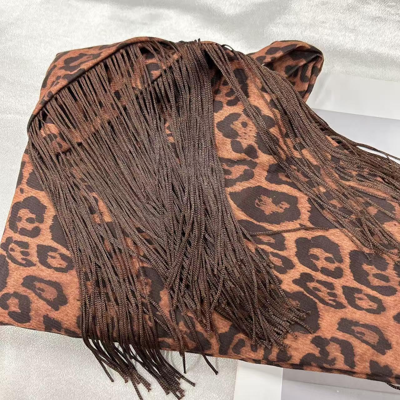 Bohemian Long Tassel Leopard Print Triangle Waist Chain for Women Retro Skinny Scarf Belt Sash Tie Dresses Fashion Accessory