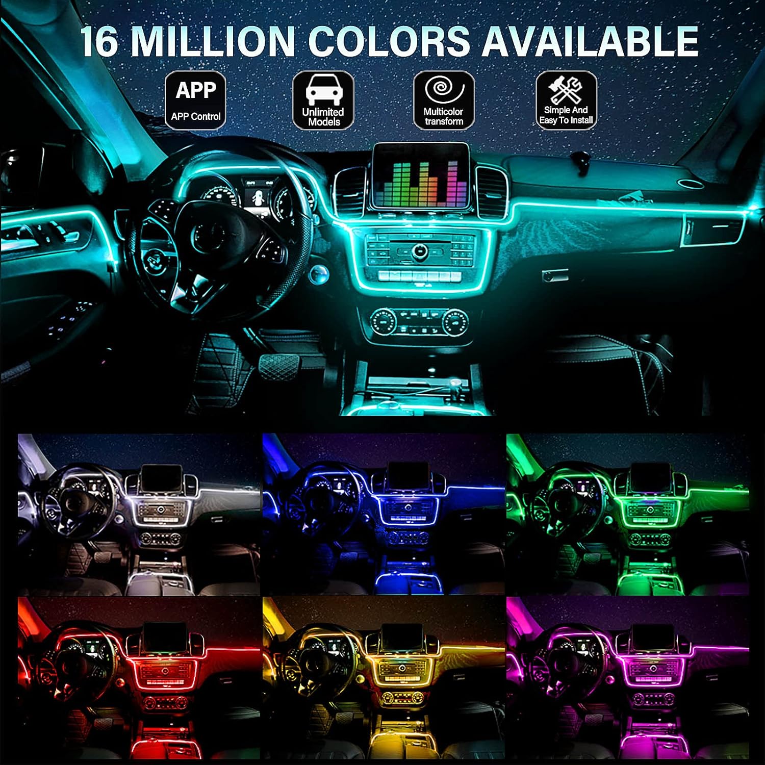Car LED Interior Strip Lights, LIGHEID Multicolor RGB Ambient Lighting Kits, 16 Million Colors 5 in 1 with 236 inches Fiber Optic, Sound Active Function and Wireless Bluetooth APP Control 4 81lRO46fTwS. AC SL1500
