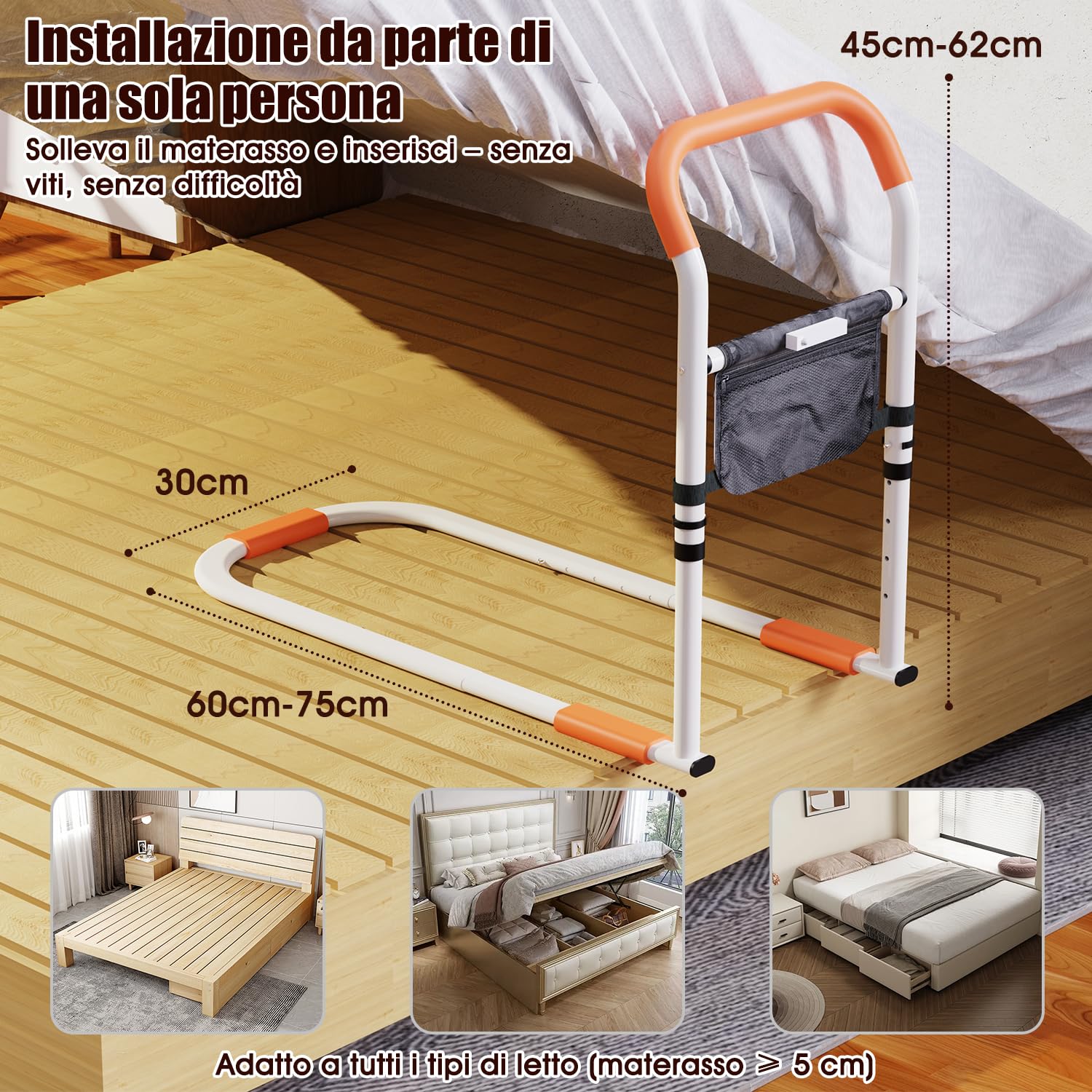 Zelvia Sponda letto Anziani, manico regolabile in altezza, con manico antiscivolo, luce a LED rimovibile con custodia, per anziani e pazienti di riabilitazione (Nero)