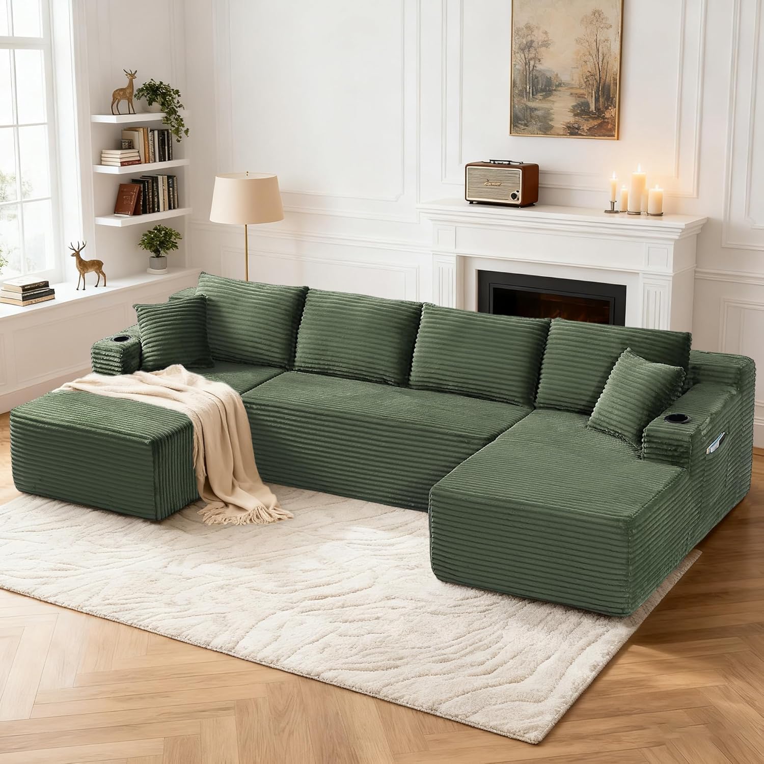 134" W Boneless Sectional Couches for Living Room, Oversized U Shaped Modular Cloud Sofa, Corduroy Foam Compressed, Cup Holders & Side Pockets for Apartment Large Spaces, Green
