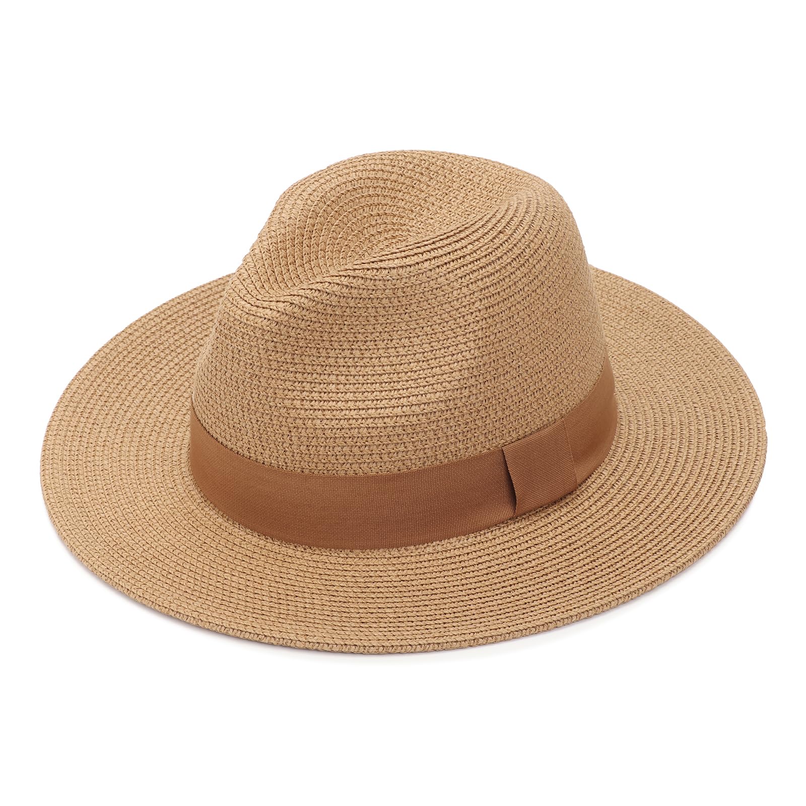 DRESHOW Women Straw Panama Hat Fedora Beach Sun Hat Wide Brim Straw Roll up Cap UPF 50+