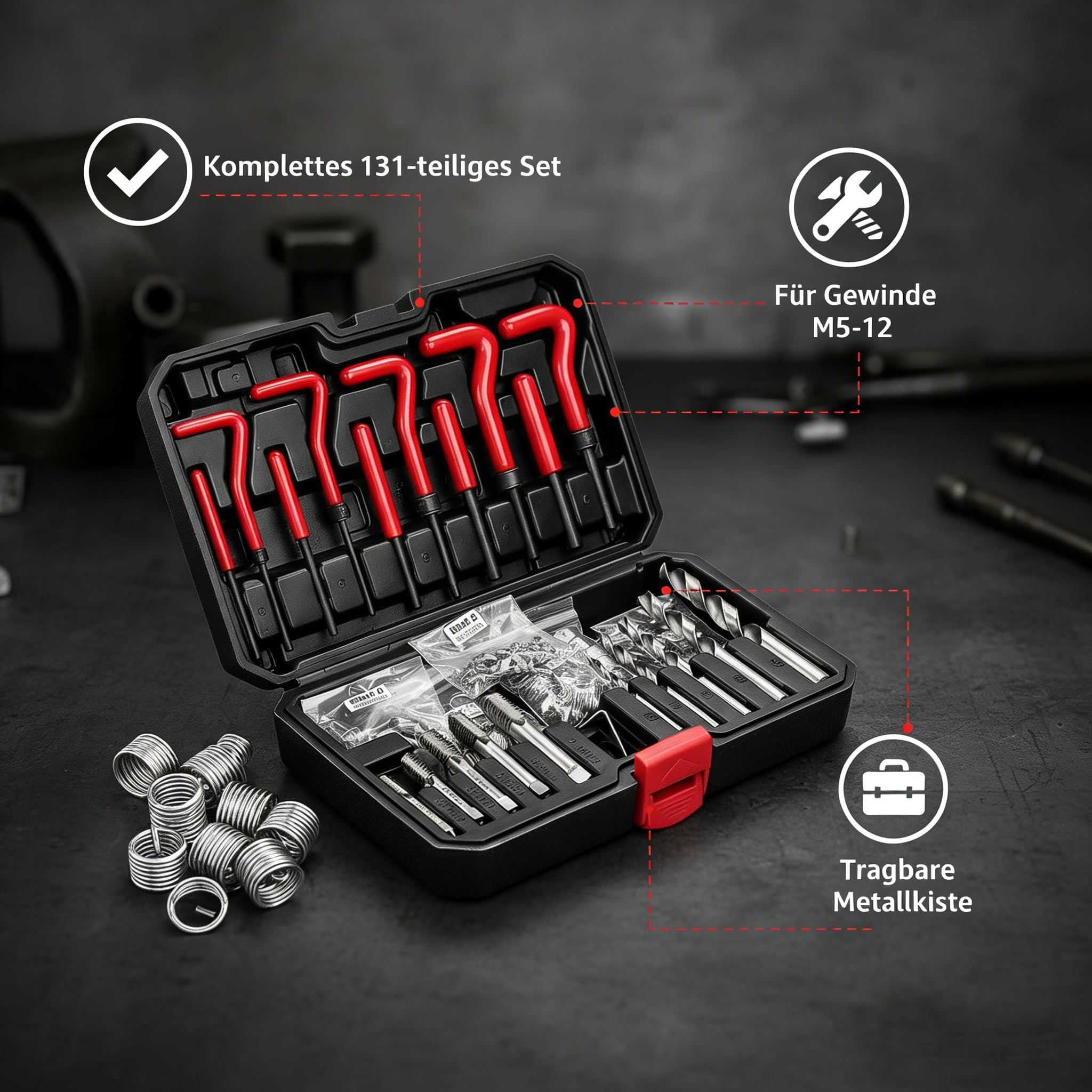 Helicoil Gewindereparatur Set 131-teilig HSS – Komplettset für M5, M6, M8, M10, M12 mit Spiralbohrern, T-Griffen & Metallbox | Für Auto, Motorblock, Getriebe & Maschinenreparatur