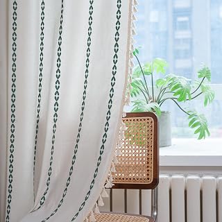 Sutuo Home Boho Curtains 90 inches for Bedroom Living Room, Semi Blackout Farmhouse Tassels Vintage Privacy Bohemian Embroidery Drape, Rod Pocket 1 Panel 52" W x 90" L, White and Emerald Green