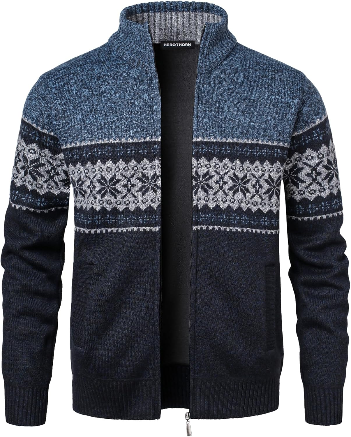 Men's Full Zip Cardigan Snowflakes Pattern Sweater Knitted Cardigan with Pockets for Casual Christmas - Image 2