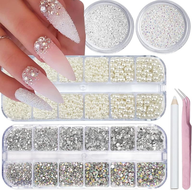 Flatback Nail Pearls Rhinestones for Nail Art DIY Nail Charms | AB Rhinestones Crystals, Half Rounds, Cream Pearls for DIY Nail Art Decor