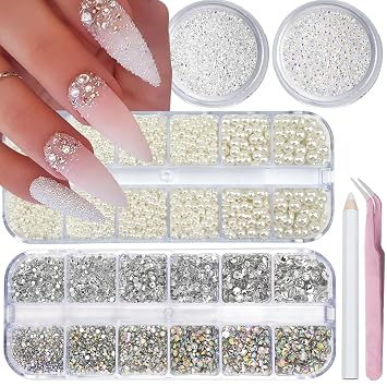 4 Boxes Flatback Rhinestones and Pearls Nail Charms for Acrylics - Crystals, Half Rounds, and Accessories for DIY Nail Art Decor