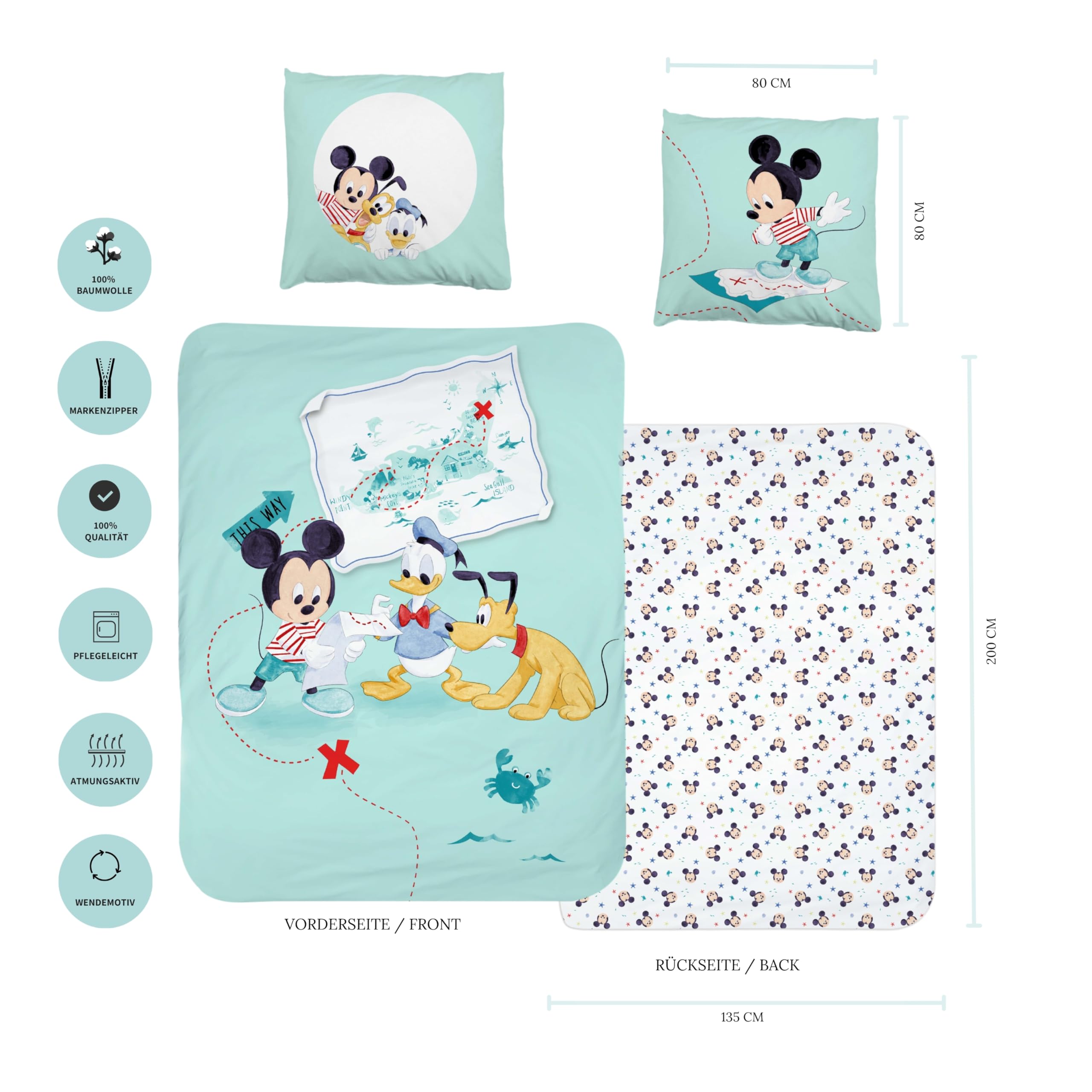 MTOnlinehandel Ropa de cama infantil de 135 x 200 cm, diseño de Mickey Mouse, Plutón y Donald Duck para niños y niñas, 1 funda de almohada de 80 x 80 cm + funda nórdica de 135 x 200 cm, 100% algodón
