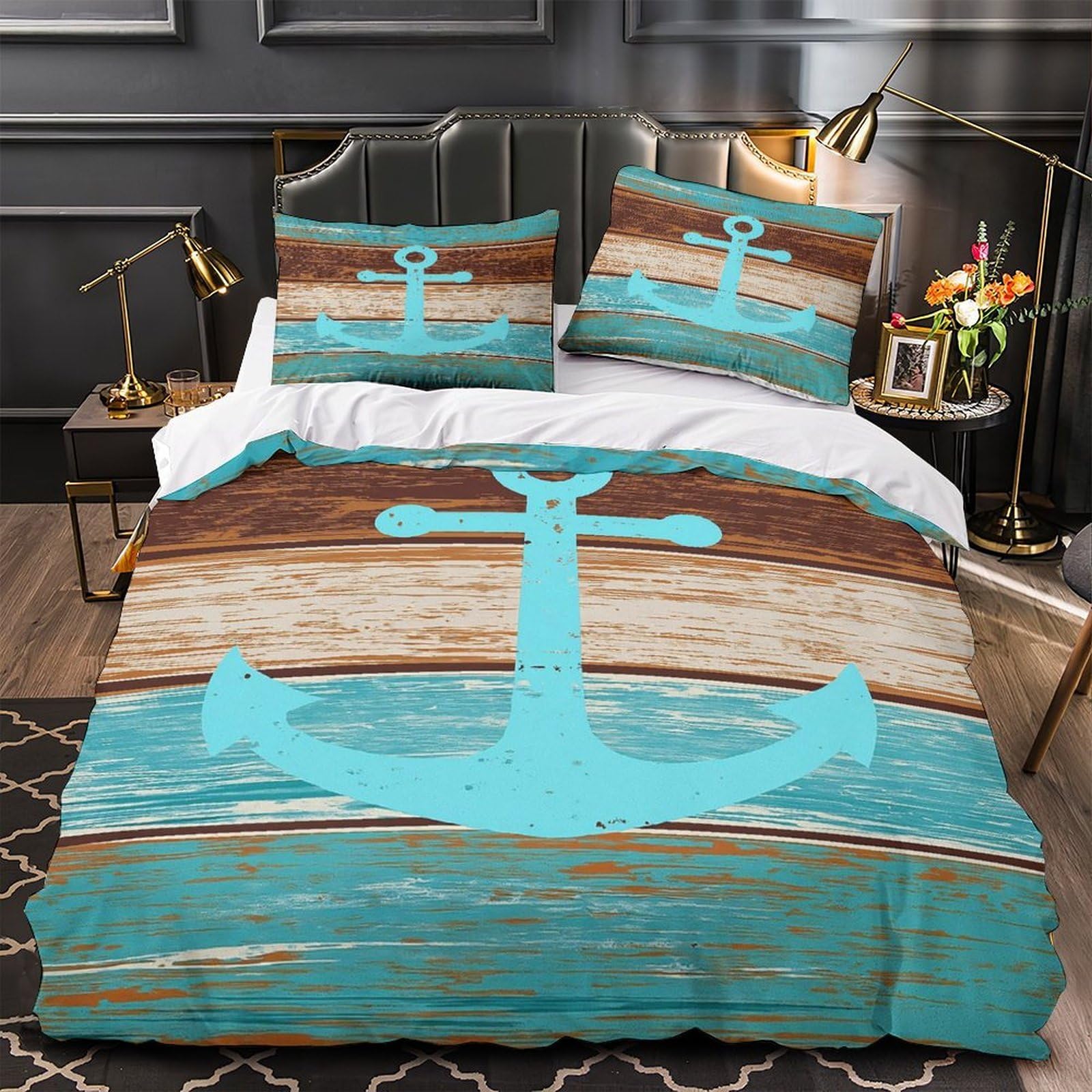 Housse de couette 140x200cm ancre nautique lit simple garçon