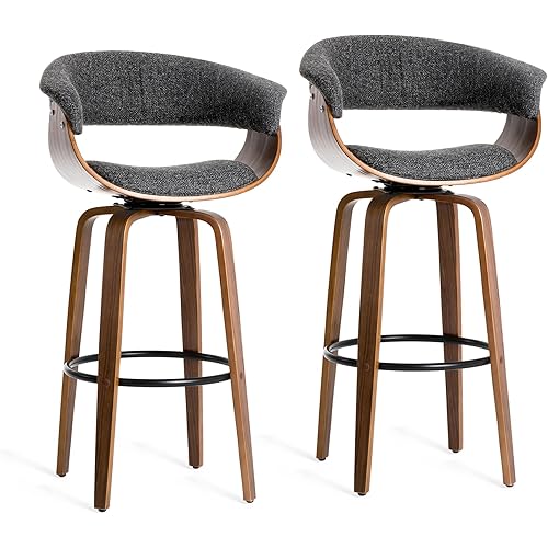 glitzhome Swivel Barstools Set of 2-27.5''Seat Height Bar Chairs Fabric Upholstered and Walnut Wood Frame Bar Height Stools for Home Bar Furniture, Black