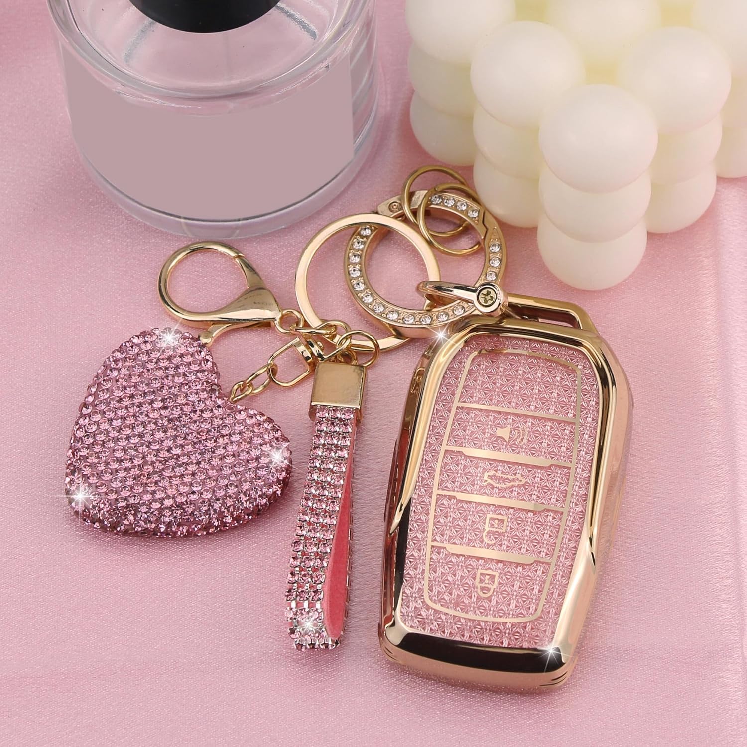 Key Fob Cover with Diamond Keychain Fit for Toyota Car Key Holder Compatible with Camry 2025, Venza 2019-2024, RAV4 Prime, Land Cruiser, Fortuner, Grand Highlander, Corolla, 4 Buttons (Pink)
