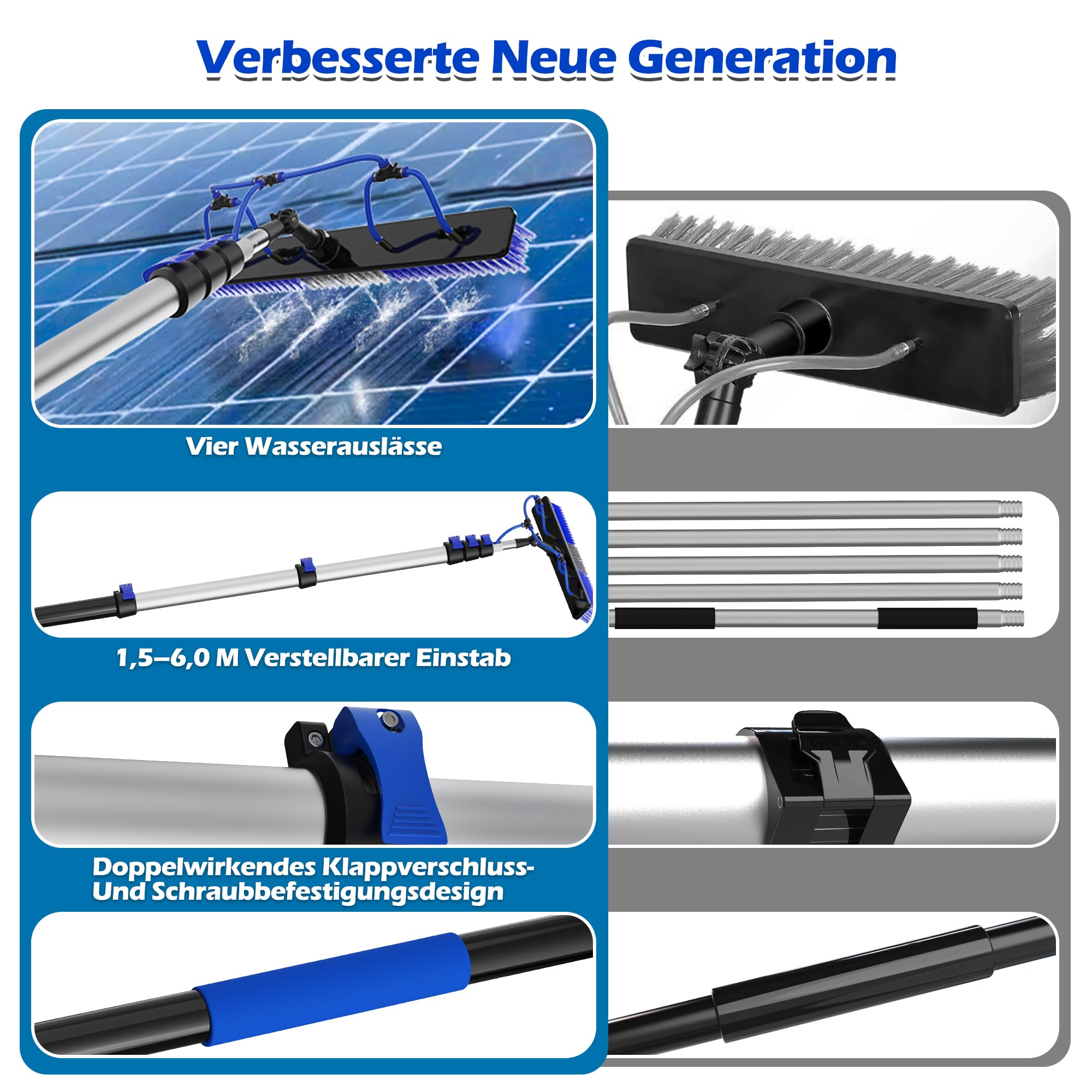 9M Reichweite Solarpanel-Reinigungsbürsten-Set, 1,5–7,2M Teleskopstange Mit Wasseranschluss & Dual-Action Verschluss, Für Schneeräumung, Fenster, Boote, Wohnmobile