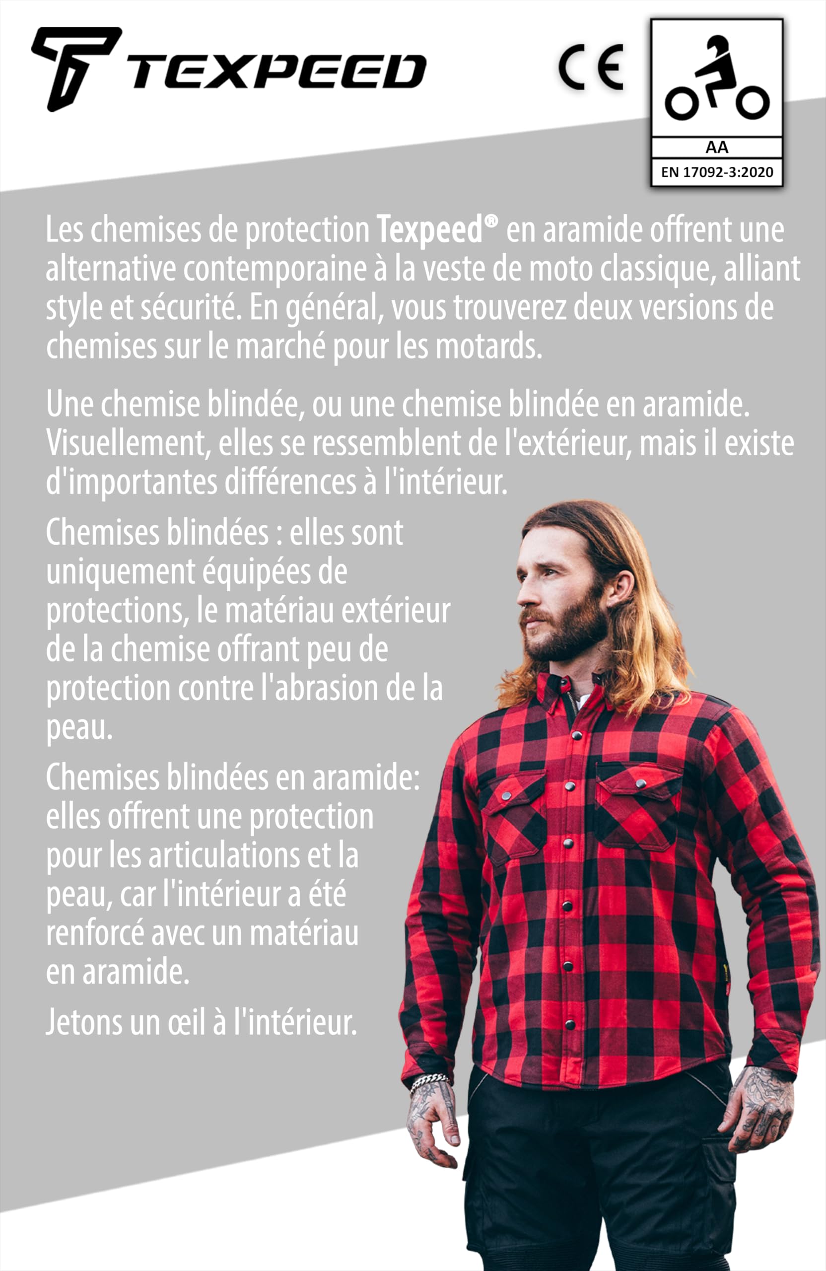 Texpeed Chemises de moto pour hommes avec protections - Veste de motard été chemise à carreaux en flanelle fabriquée avec Aramid - Protection (EN 1621-1) - Rouge - XXL