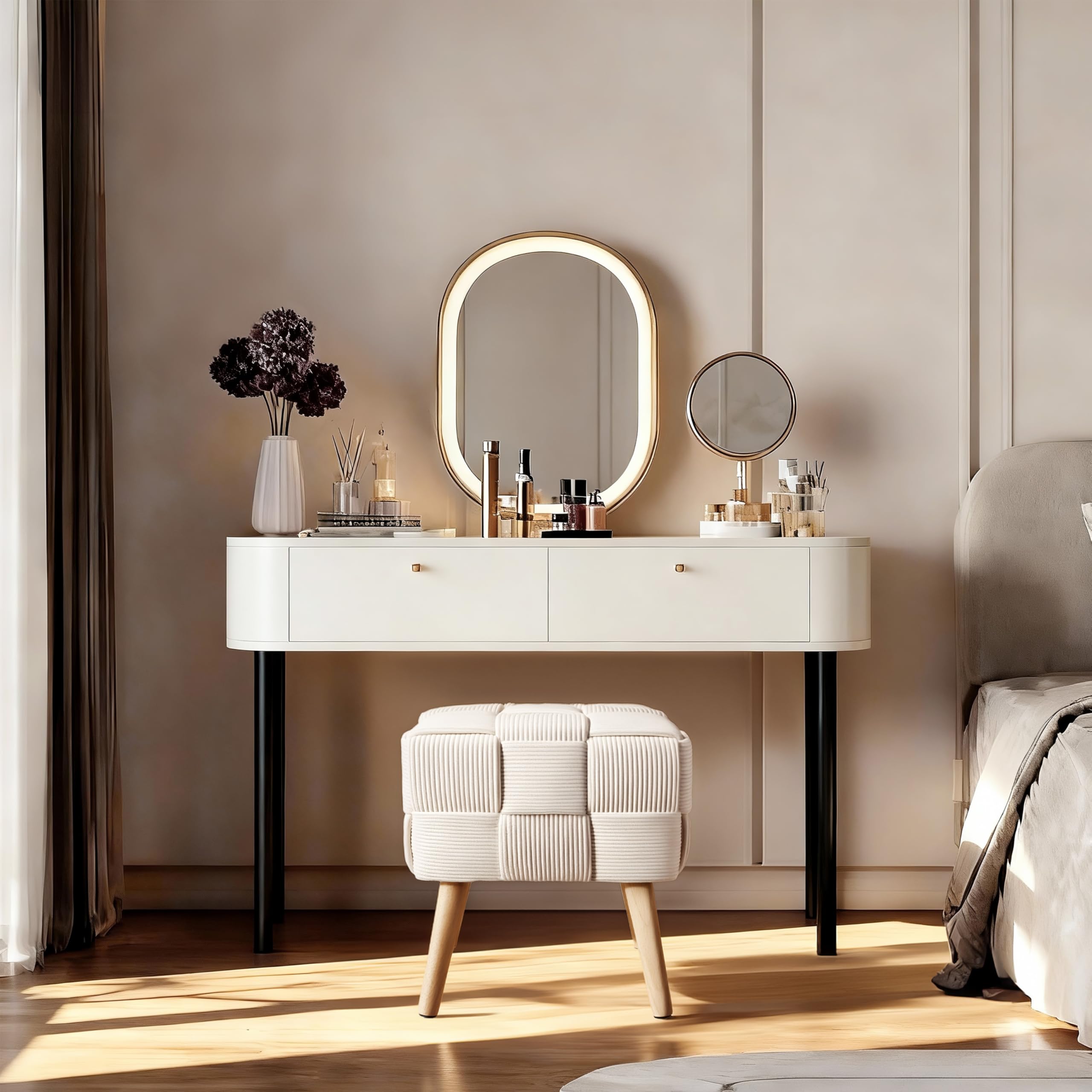Zedelmaier Moderner Velvet Kosmetik Hocker, Quadratisch Ottoman-Fußhockermit goldfarbenen Metallbeinen, Gepolsterte Sitzhocker,Strick Samt Hocker