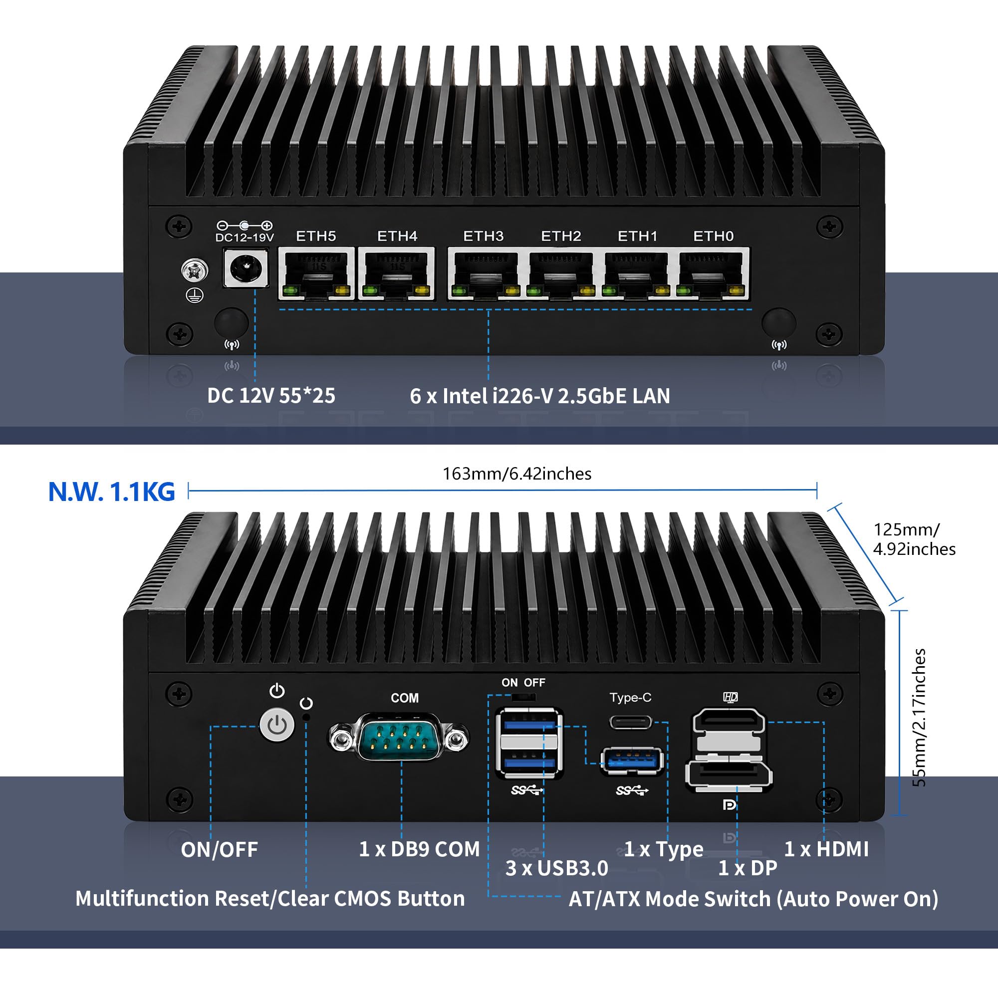 CWWK Mini PC Firewall Hardware, i3-8130U, 6 x 2.5GbE i226-V, Fanless Mini Computer Box, OPNsense Micro Appliance, DDR3 8GB RAM 128GB M.2 NVMe3.0 x4 SSD, HD, DP, USB-C, AES-NI