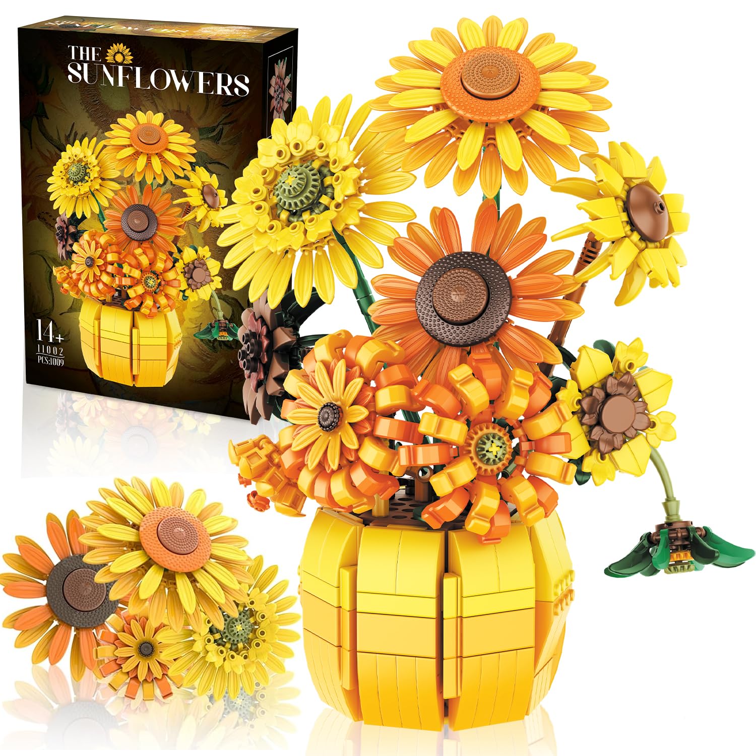 Van Gogh Sunflower Building Set, Adjustable Flowers Bouquet for Adults Teens, 1009PCS Botanical Collection Compatible with Lego, Home Decor, Gift for