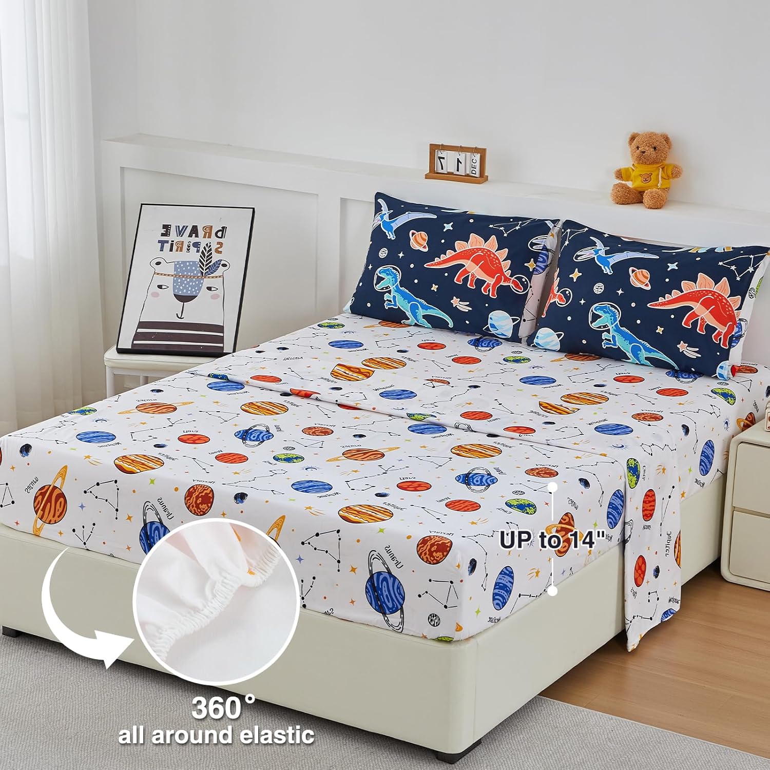 A Nice Night 5pc Glow in The Dark Kids Comforter Set,Dinosaur Galaxy Printed, Space Bedding Set Twin Size for Boys Girls Teen
