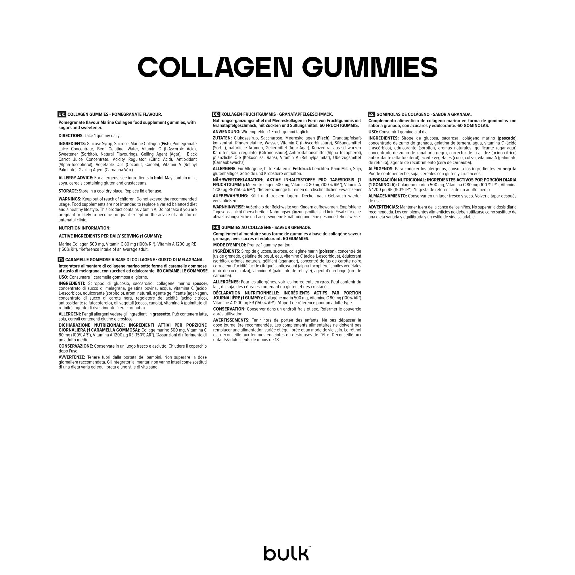 Bulk Gummies de Collagène, 500mg, Grenade, Gummies bien-être quotidiens, 60 Gummies