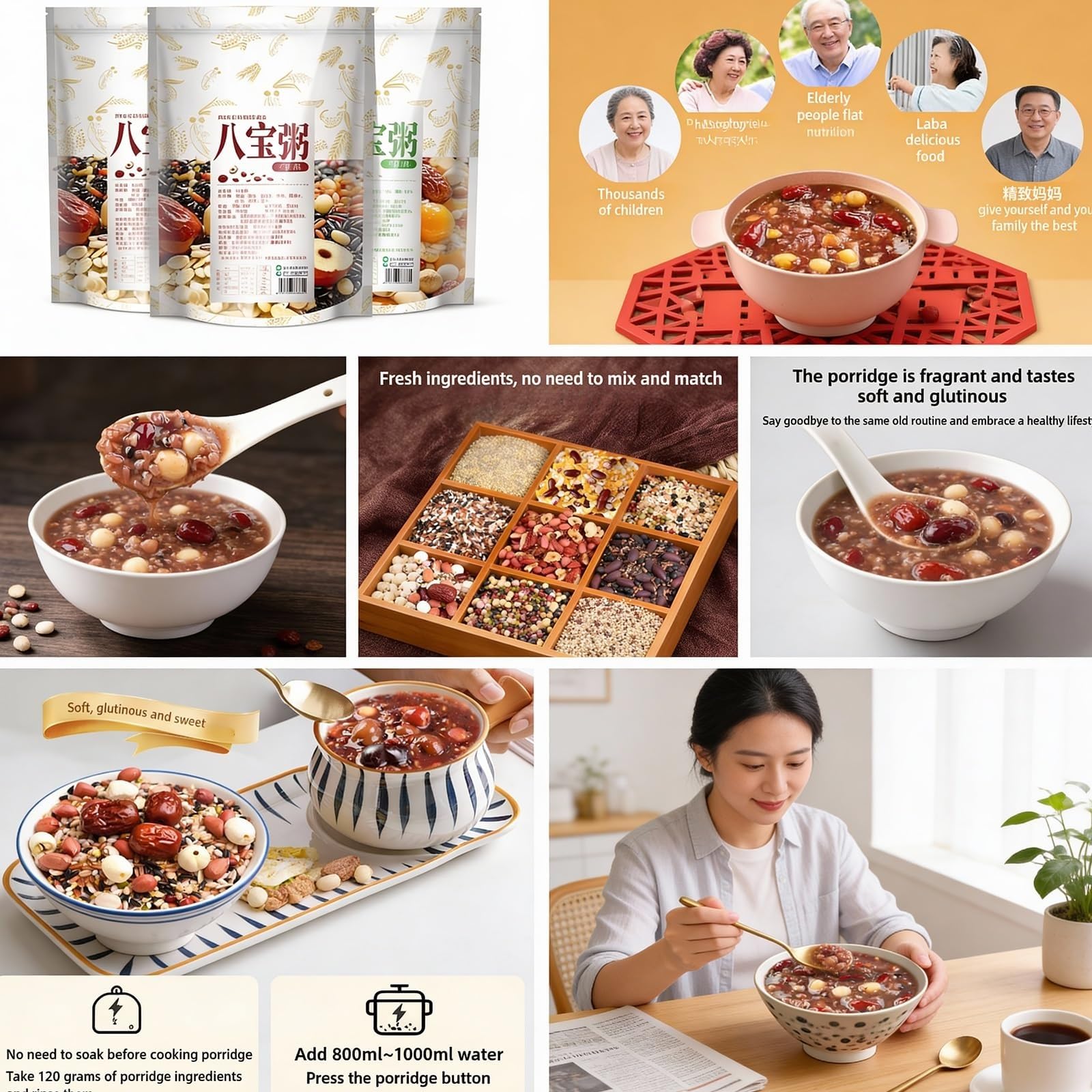 3 Bolsas De 500 G De Mezcla De Gachas Eight Treasure, Cereales Integrales De Fácil Cocción, Sellado Al Vacío, Desayuno Y Merienda