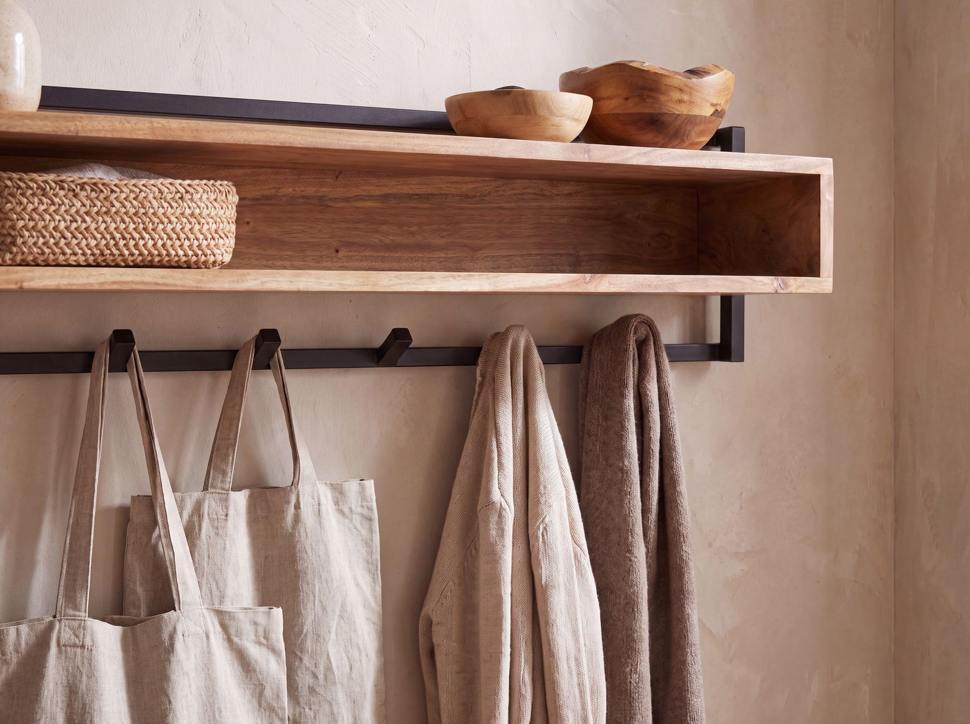 FineBuy Wandgarderobe 90 x 30 x 20 cm Akazie Massivholz, 6 Haken Handmade