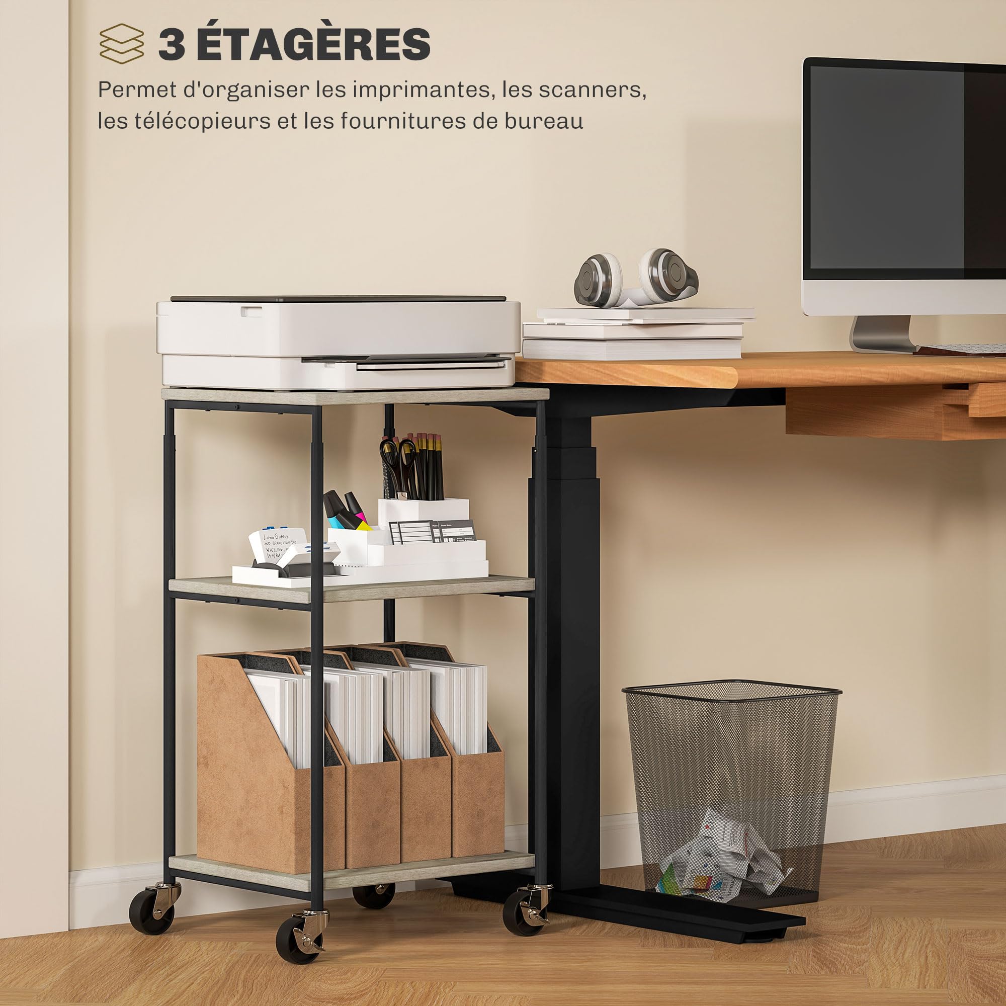 Meuble Imprimante 3 Niveaux HOMCOM - Sur Roulettes, Hauteur Réglable, Effet Bois Gris - Bureau