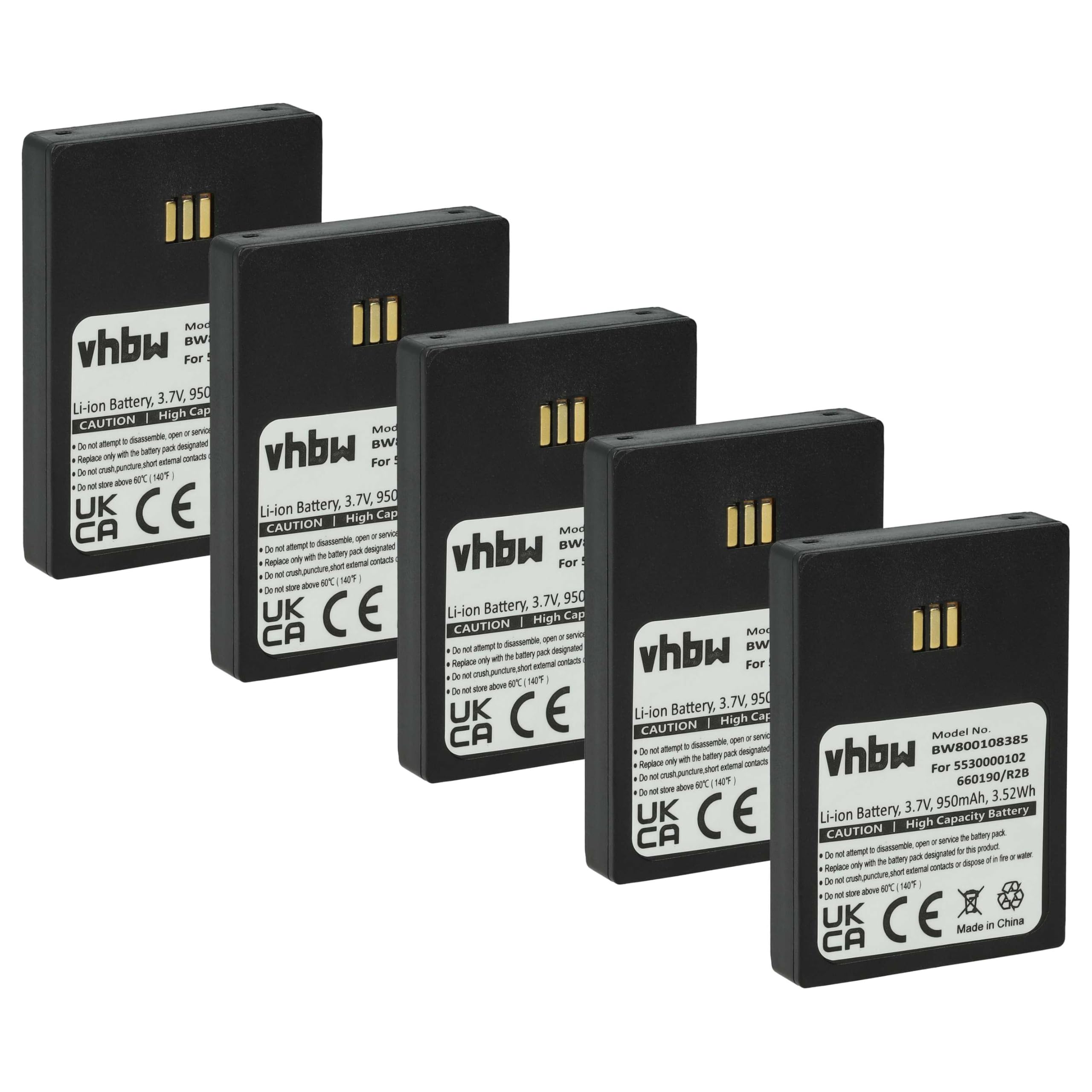 vhbw 5x batteria compatibile con Ascom i62 Protector, i62 Talker telefono fisso cordless (950mAh, 3,7V, Li-Ion) nero