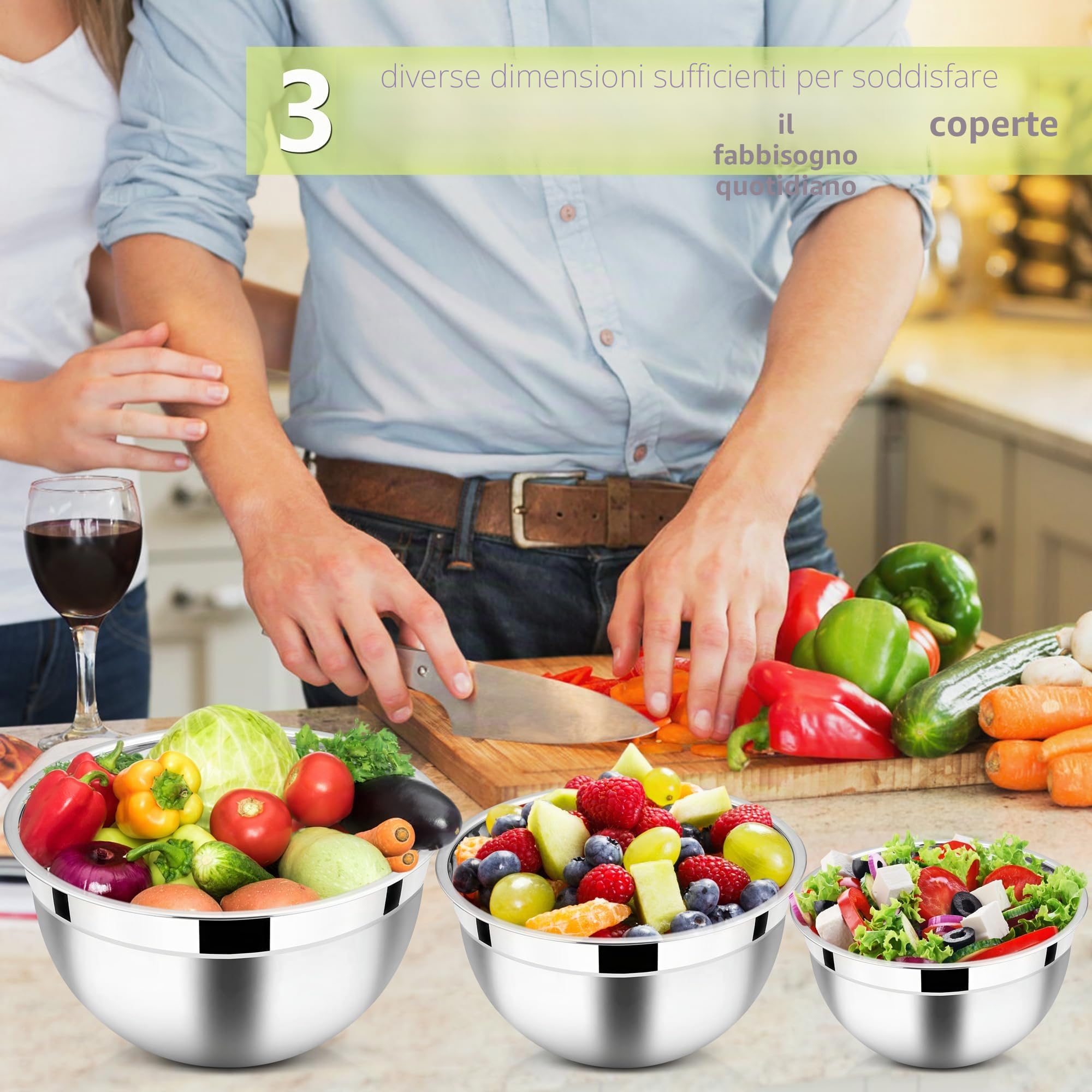 HaWare Set di 3 ciotole per insalata, in acciaio inox, con coperchio ermetico, perfette per cottura/cucina/preparazione, impilabili e lavabili in lavastoviglie, 4,5 l, 2,7 l, 1,5 l, colore cachi
