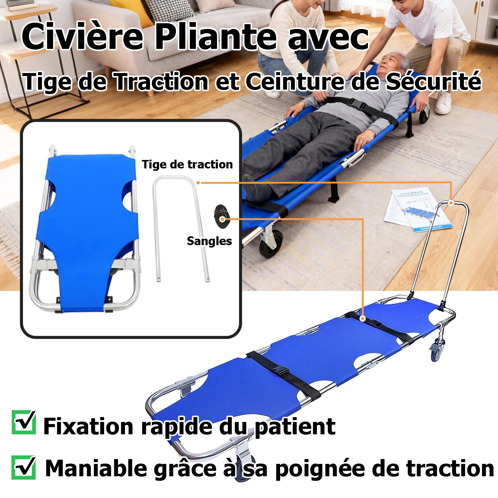 Civière Pliable et Portable avec Roues,Pliant Brancard avec 4 Roues et Ceinture de Sécurité,Civière Médicale en Aluminium,Patient Portable d'urgence Transport Brancard,Avec tige de poussée-traction