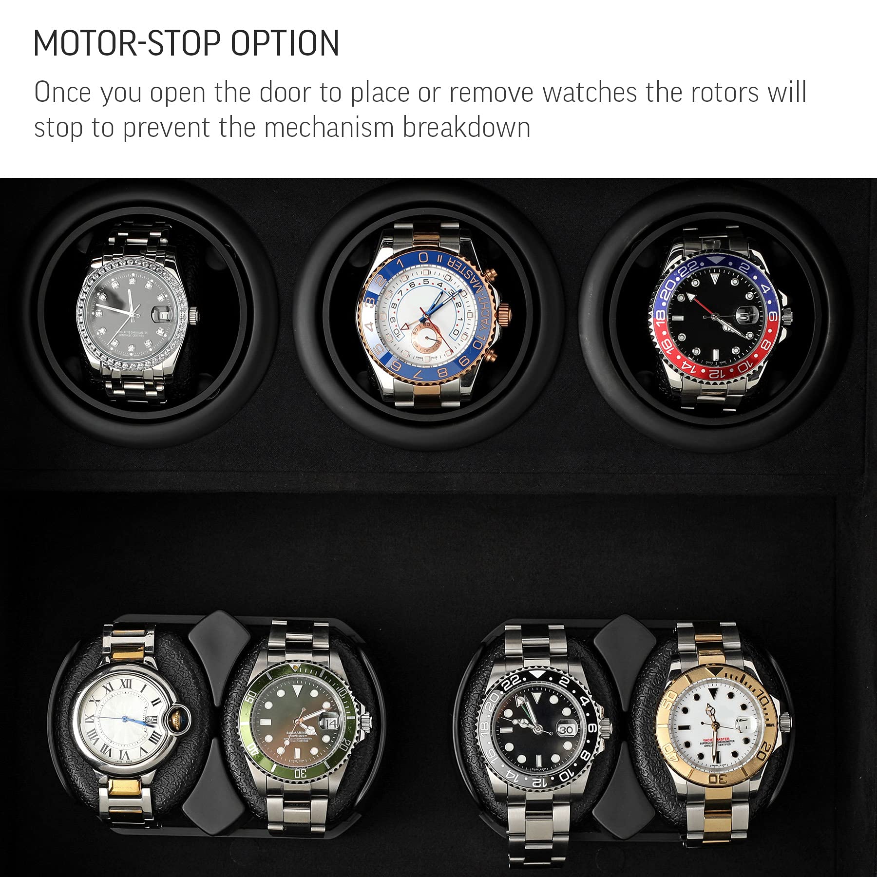 Remontoir pour 7 montres avec éclairage intérieur et option d'arrêt moteur, ébène, Remontoir de montre