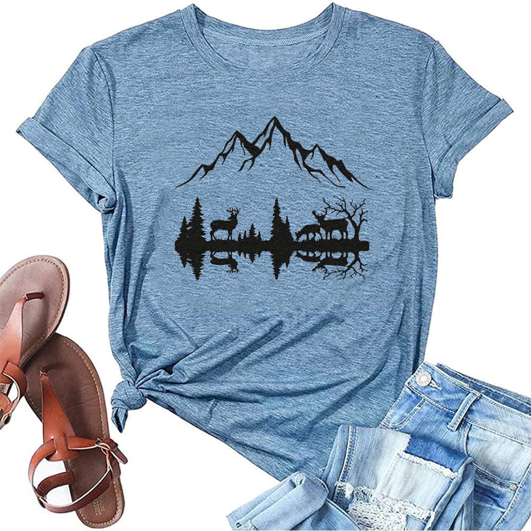 Womens Reindeer Tree Graphic Tees Nature Pine Upside Down Tshirts Causal Loose Short Sleeve Shirts