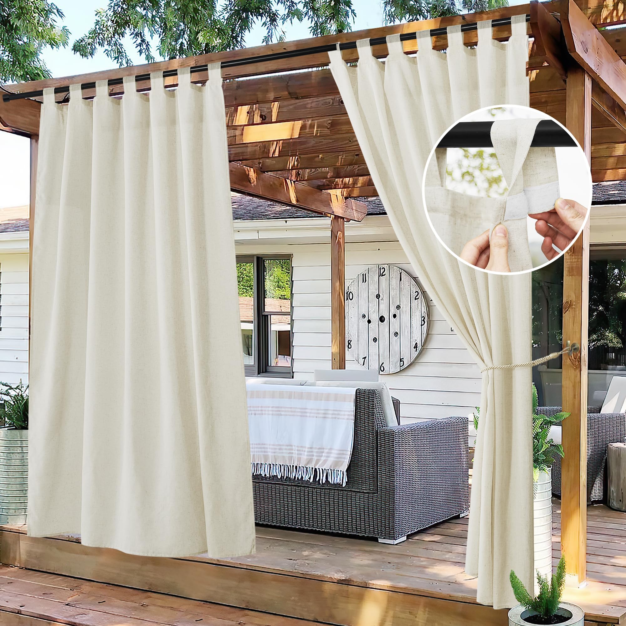 PONY DANCE Rideau Extérieur Lin - Rideau Voilage à Pattes Romantique Décoration pour Patio Jardin Interieurs ou Exterieurs, Draperies Transparent, L 140 x H 243 cm, Lot de 2, Beige