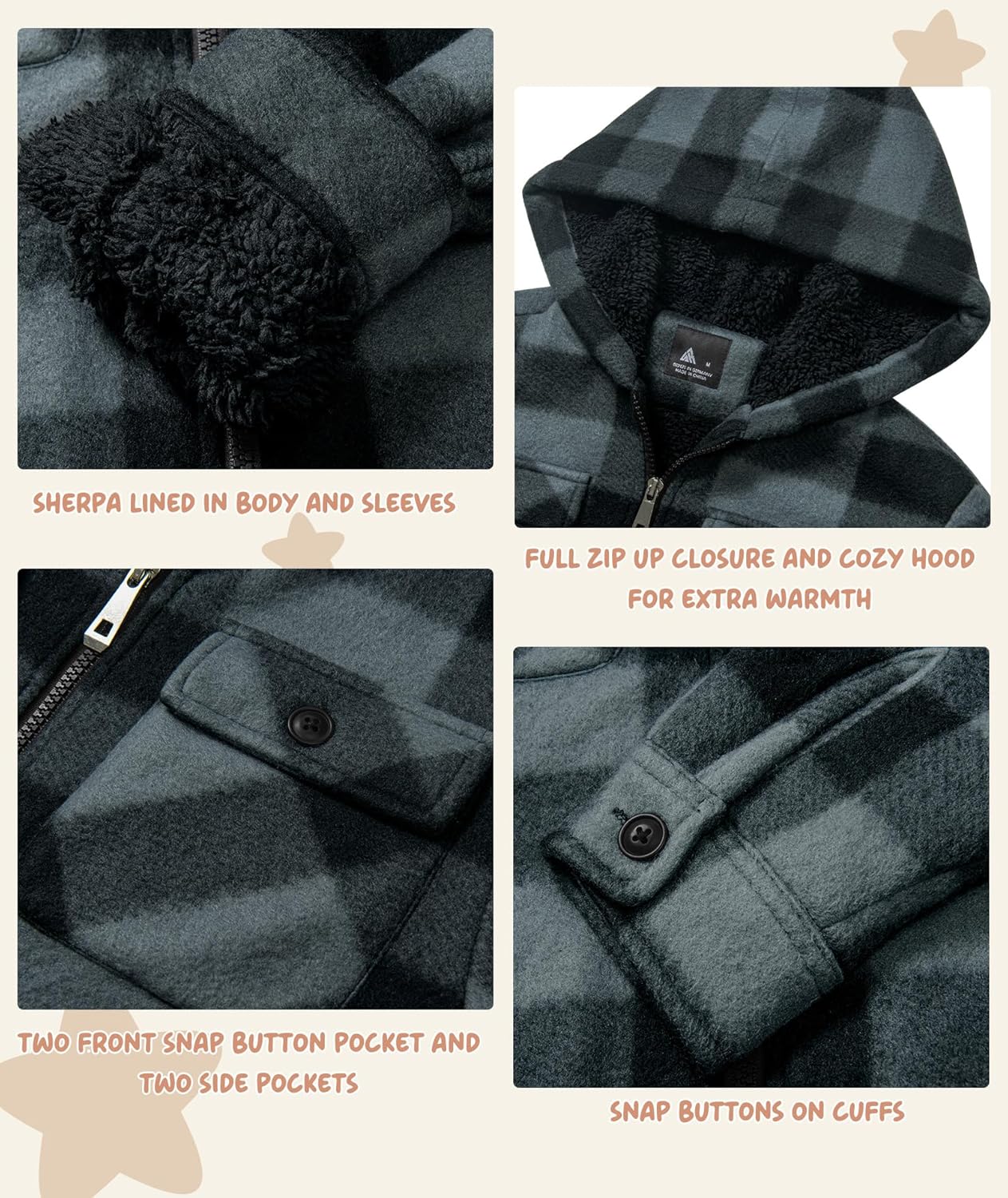 V VALANCH Boys Flannel Jacket Hooded Fleece Lined Zip-up Hoodies Plaid Coat for Kids - Image 4