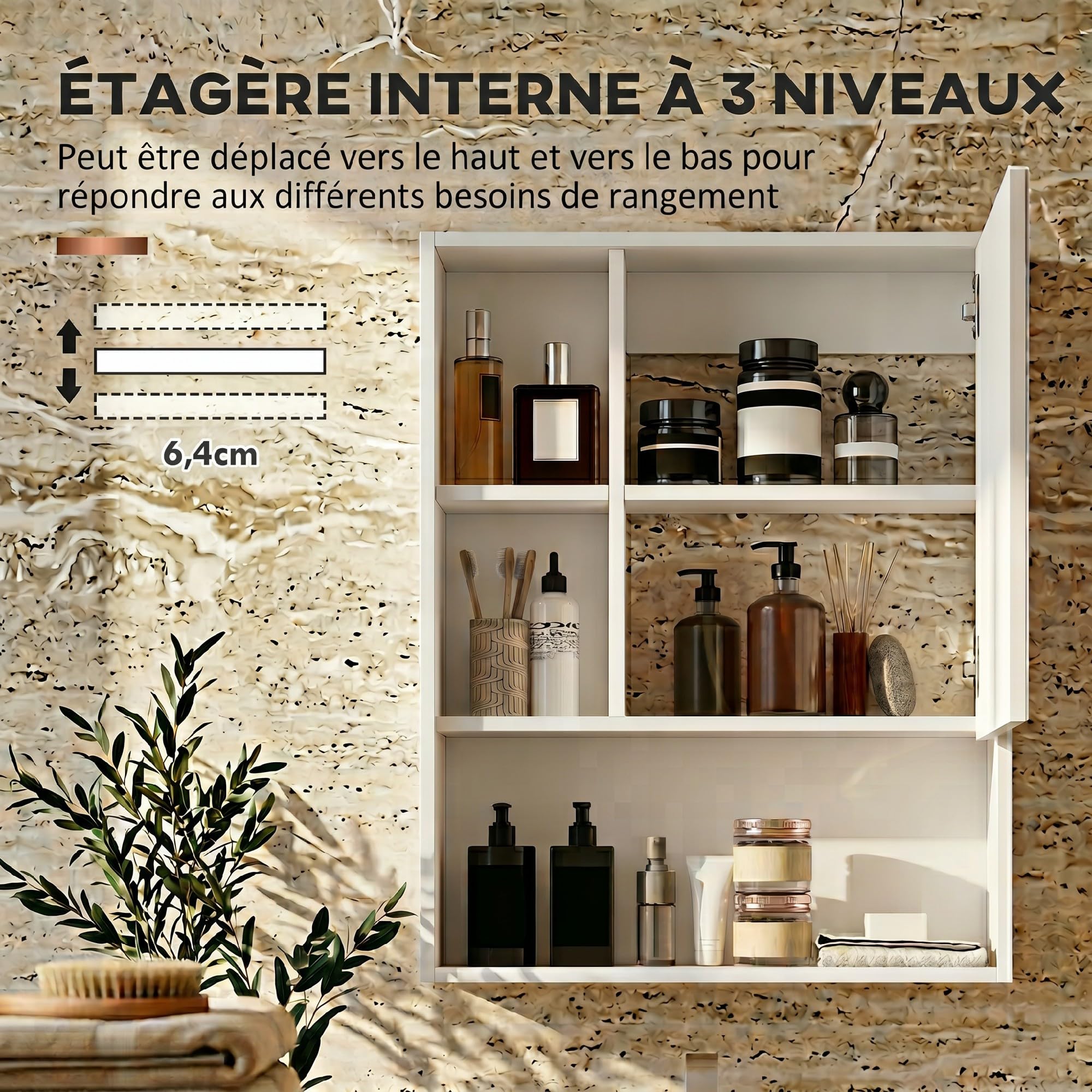 kleankin Armoire Murale Salle de Bain avec Porte Miroir, 60 x 15 x 76 cm, Meuble Salle de Bain, Armoire de Toilette, 5 Compartiments et étagère réglable, Blanc