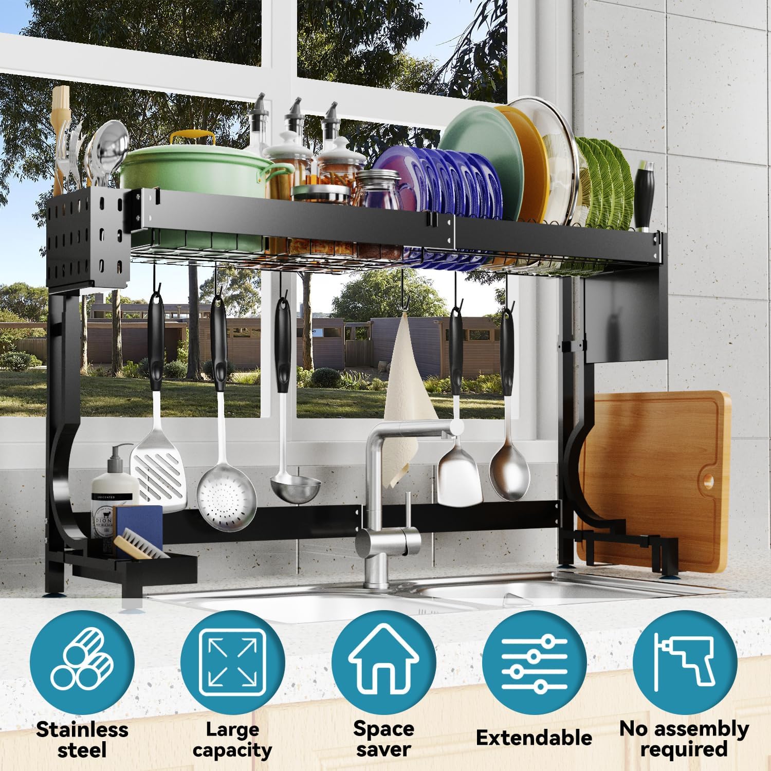 MINGLING Over Sink Kitchen Drying Rack Over The Sink Large Dish Racks Height & Width Adjustable Kitchen Drying Rack Stainless Steel Countertop Organizer,Silver