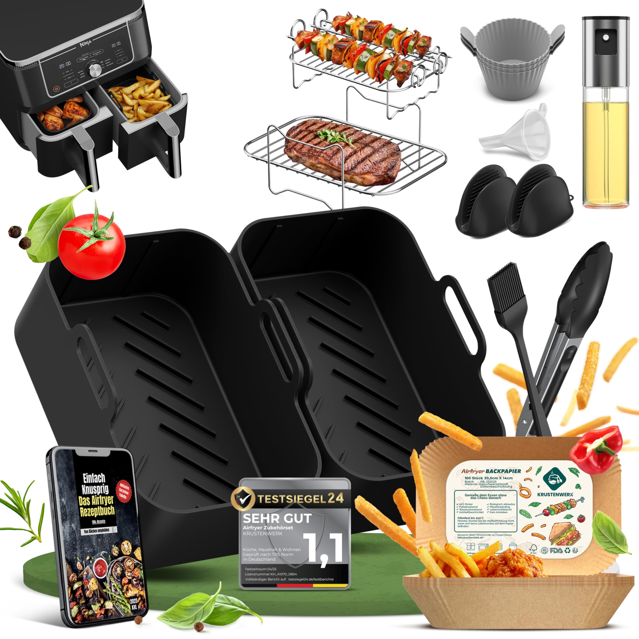 Ninja - Accesorio para freidora de aire caliente Ninja AF400EU 7,6 – 9,5 l, ajuste exacto y silicona más gruesa, libro electrónico con 150 recetas, accesorios para freidora de aire