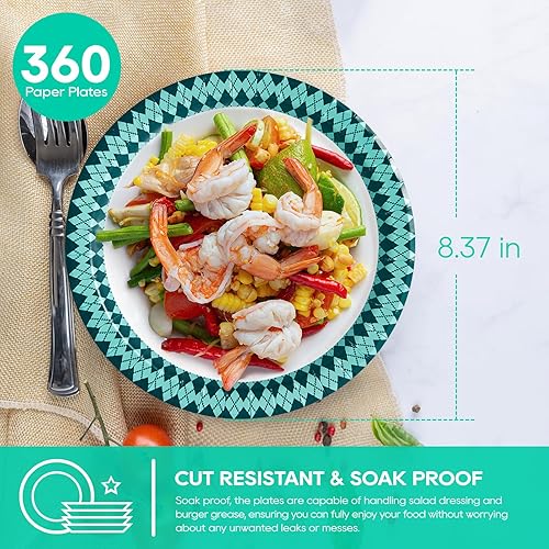 Miniatura 2 de JOLLY PARTY Platos de papel desechables, 360 platos llanos de 8.37 pulgadas, a prueba de remojo, a prueba de cortes, para uso diario, diseño de
