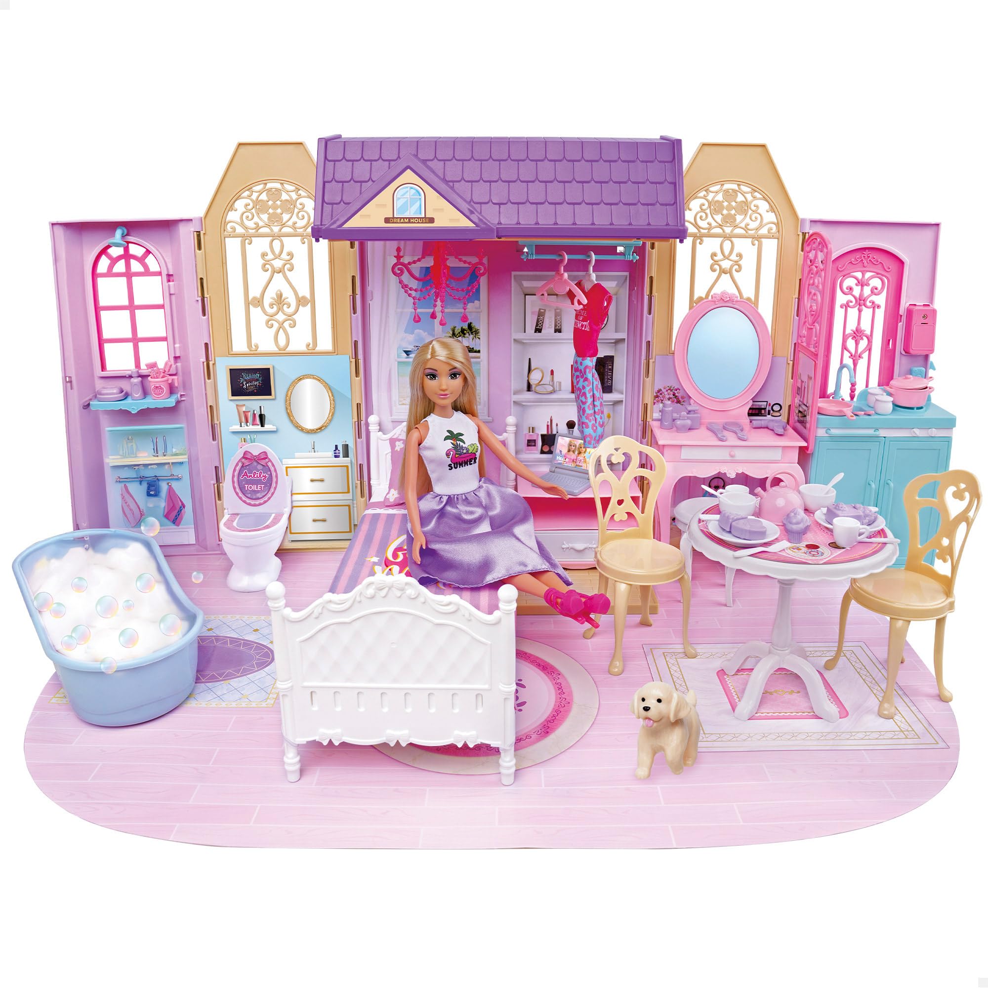 ColorBaby Isabella 39416 Domek dla lalek, 1 piętro, 74 x 37 cm, lalka przegubowa 30 cm, ponad 60 akcesoriów, składana konstrukcja z uchwytem, przenośny dom, zabawki dla dziewczynek w wieku 3 lat