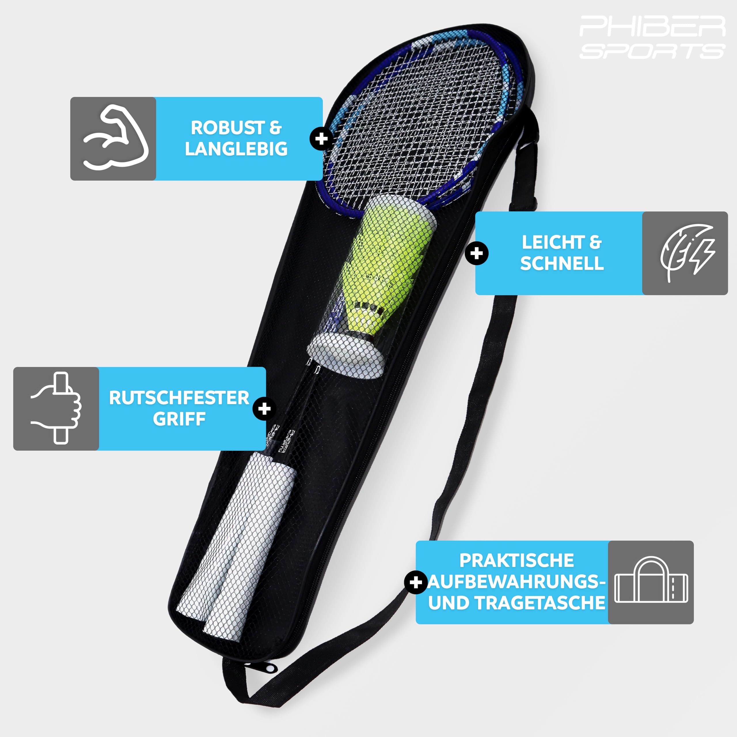 PHIBER-SPORTS Badminton Schläger Set - 2X Badmintonschläger + 3X Federbälle + Tasche - Robustes Federball Set für Garten & Park - Ideal für Anfänger & Profis (Badminton Schläger Set)