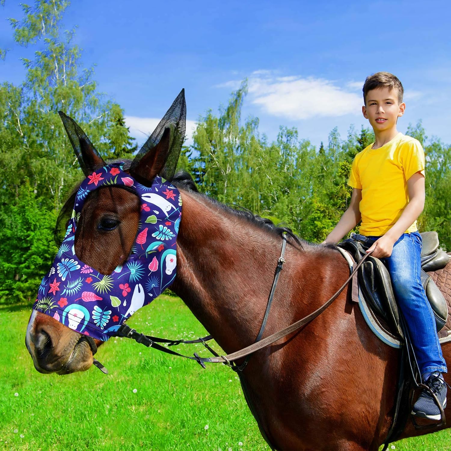 2 Pieces Horse Fly Mask Horse Mask with Ears Smooth and Elasticity Fly Mask with UV Protection (Tribal Grid Patterns, M): Kitchen & Dining