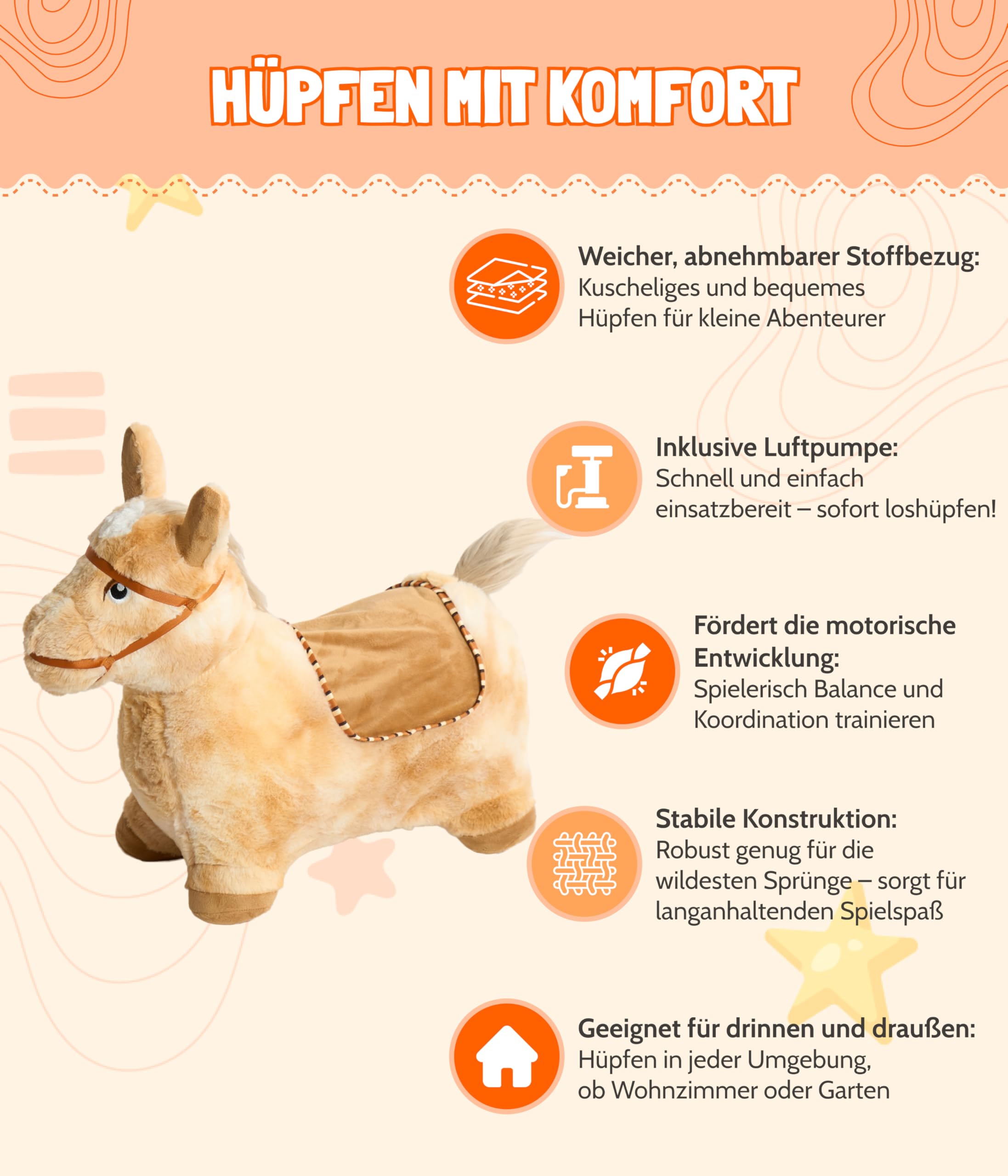 Bayer Chic 2000® Aufblasbares Hüpftier – Braunes Pferd –Mit weichem abnehmbarem Bezug & Luftpumpe – Perfekt für Mädchen & Jungen – Ab 18 Monaten