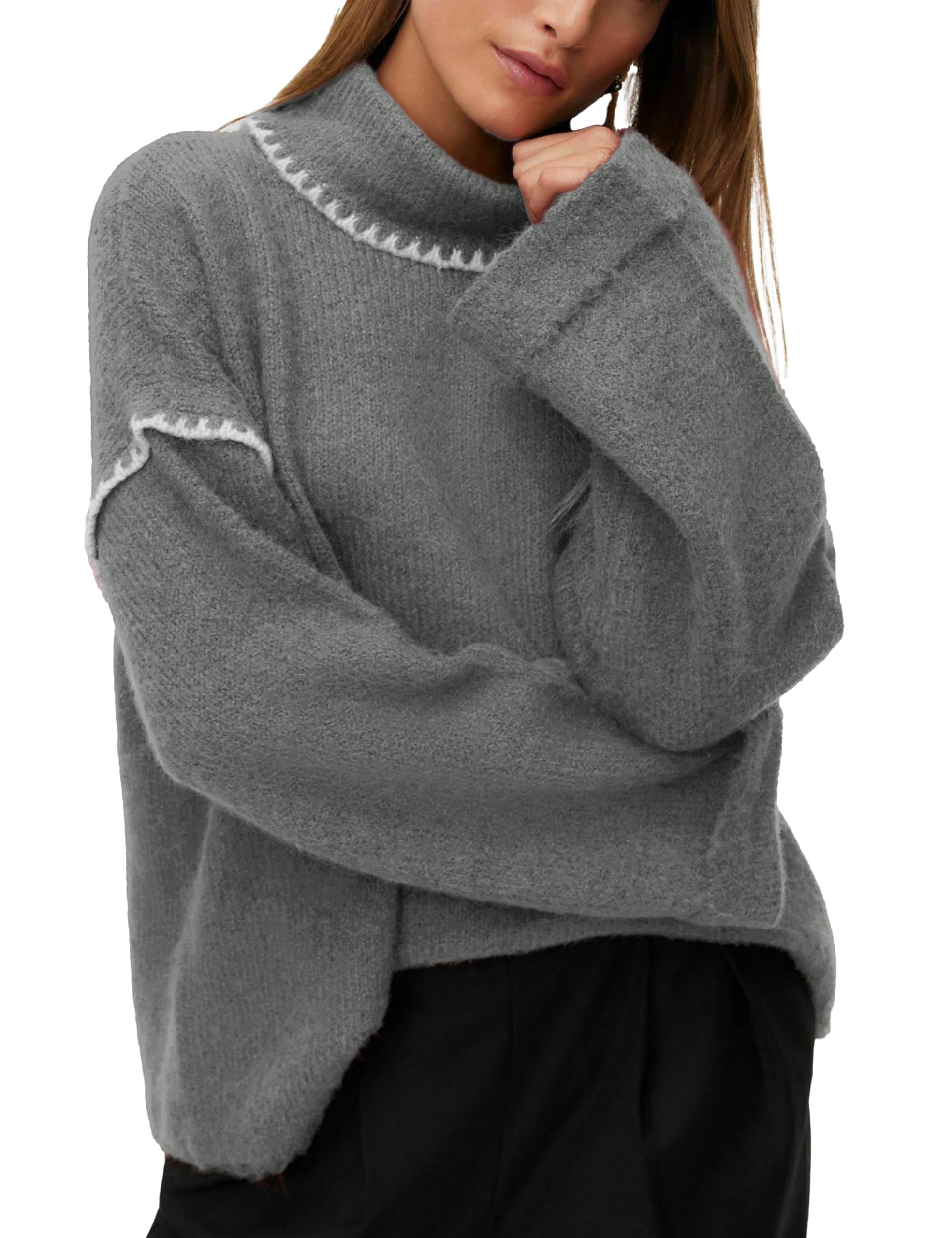Womens Turtleneck Knit Sweater Long Sleeve Loose Fit Contrast Trim Pullover Sweater Cozy Jumper Tops