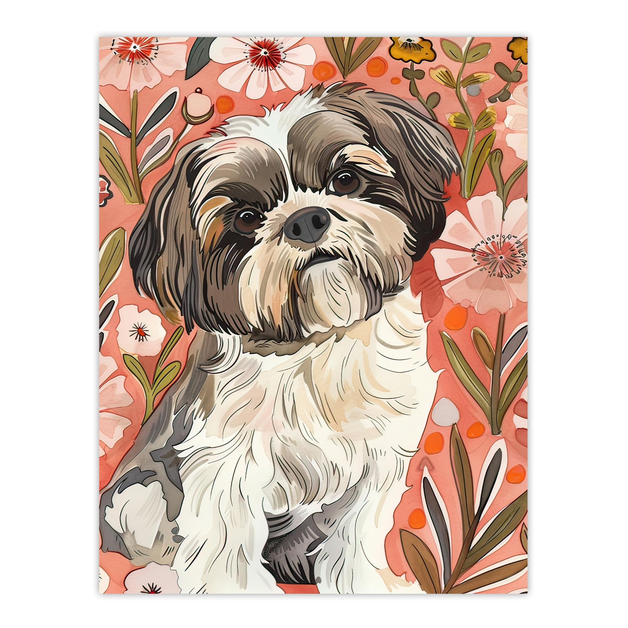 Artery8 Dog Lover Cute Shih Tzu Puppy With Wildflowers Living Room Extra Large XL Wall Art Poster Print
