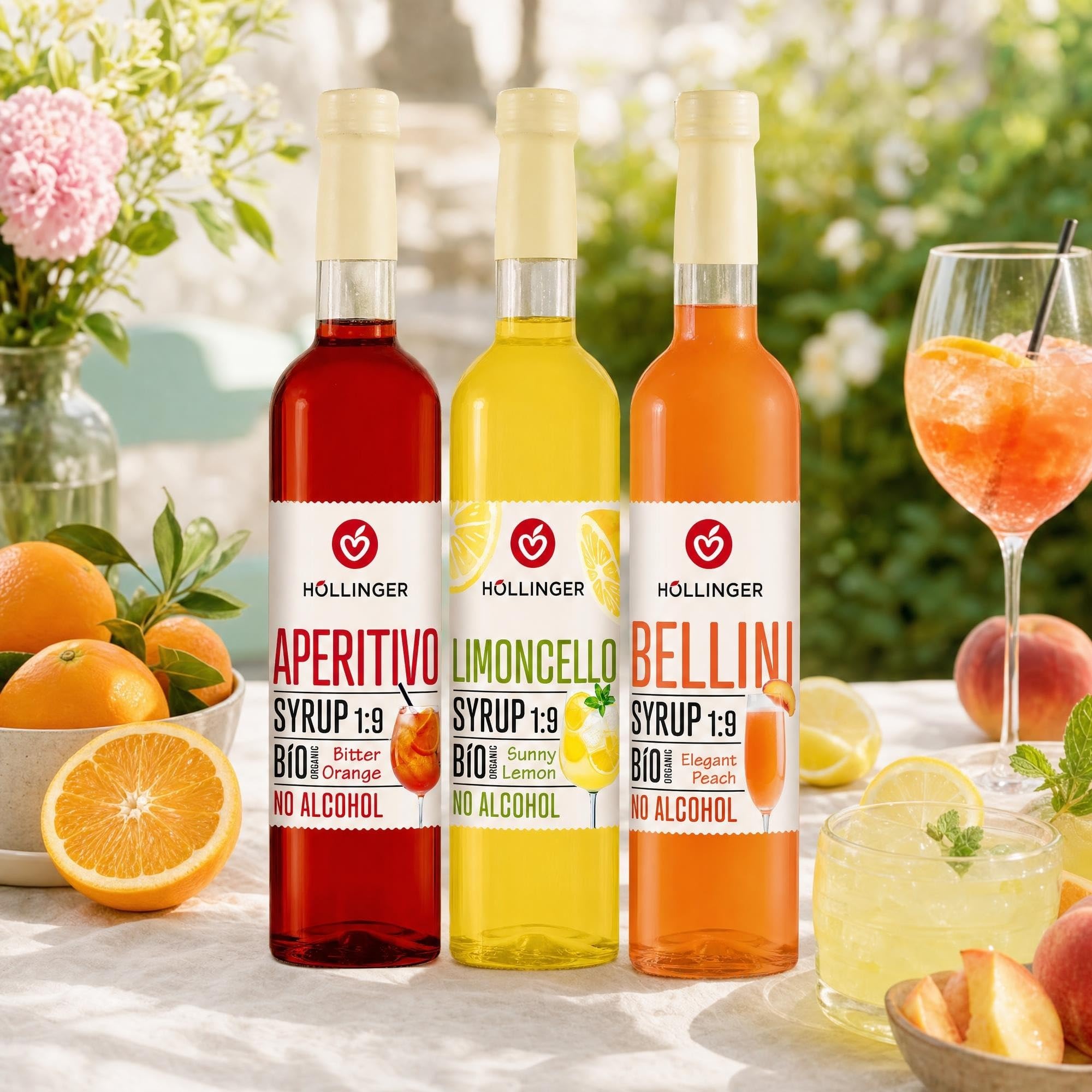 HÖLLINGER Sirops Viva Italia Cocktail Bio Sans Alcool, Pack de 3 Saveurs (Limoncello, Aperitivo, Bellini), 3x500ml, Concentré 1:9